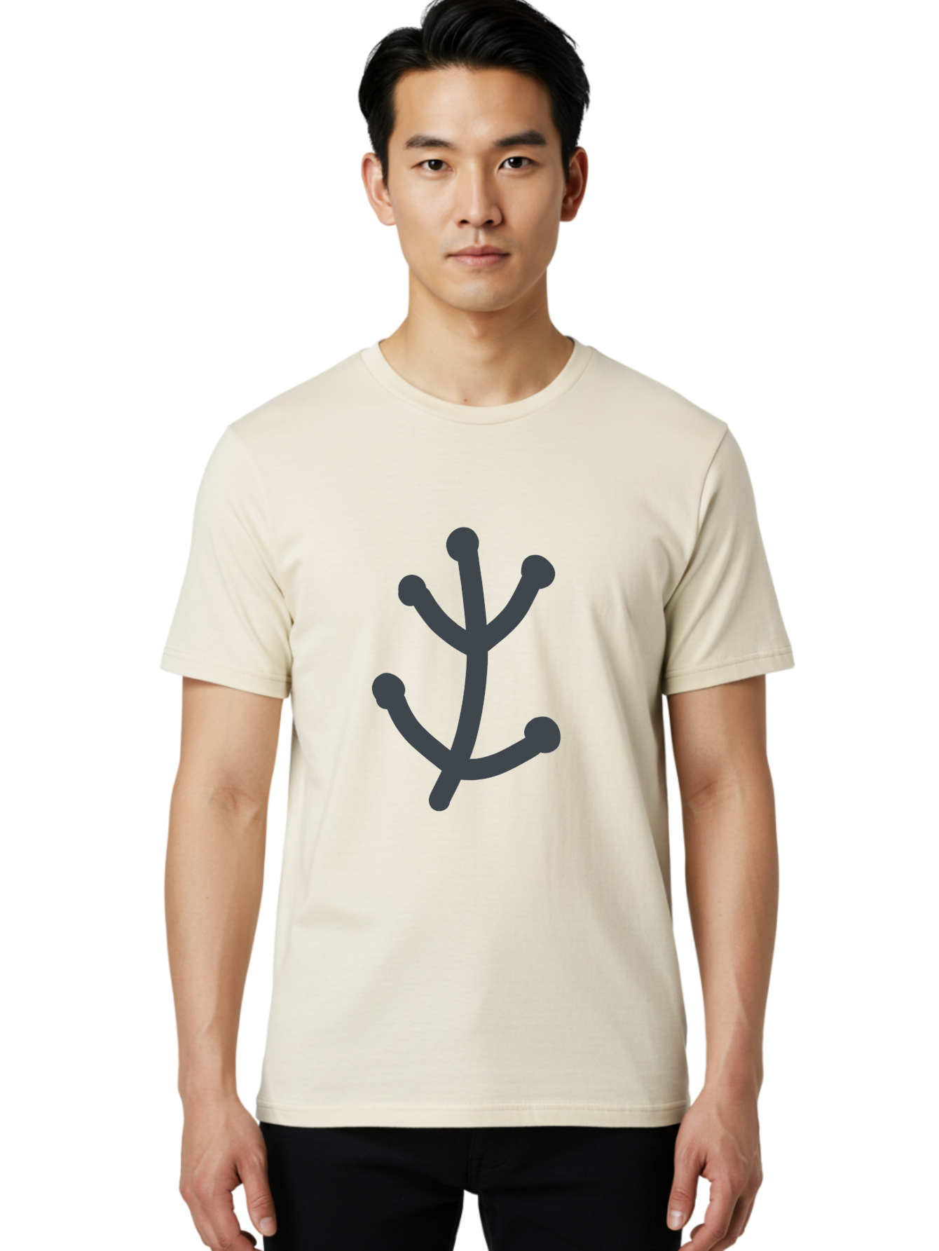 Stylized-Branch Men'S Graphic Tee, 100% Cotton, Comfortable Casual Summer Wear, Machine Washable, Stylized Trident Symbol, Dark Gray Icon, Minimalist Design, Abstract Shape, Futuristic Logo, Simple Graphics, Monochrome Icon, Symbolic Imagery, Aab794