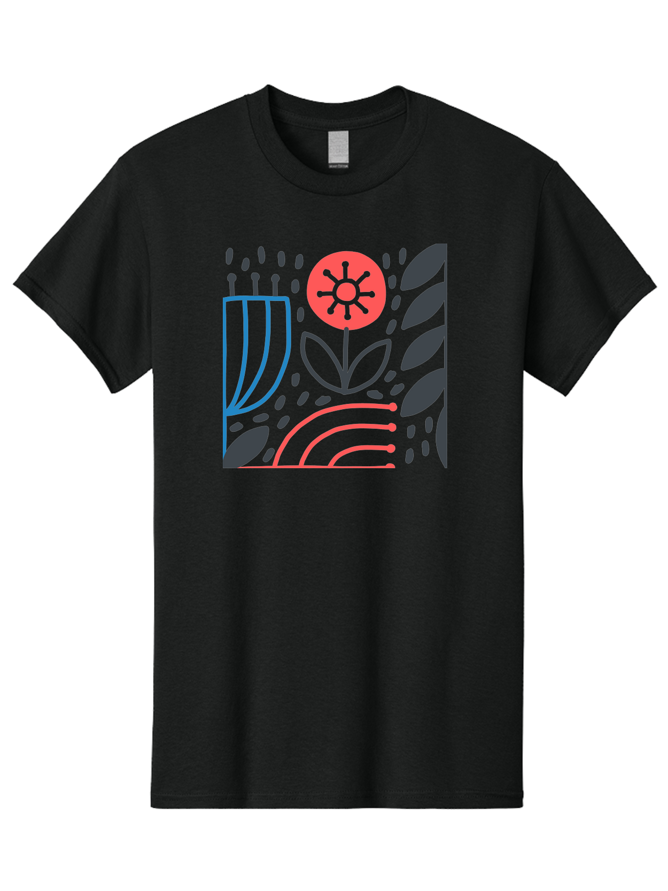 Stylized-Flower-And-Leaves Men'S Graphic Tee, 100% Cotton, Comfortable Casual Summer Wear, Machine Washable, Menorah With Candles, Flower Blooming, Abstract Shapes, Red And Blue Lines, Black Leaves, White Background, Symbolic Artwork, Judaism, Aab795