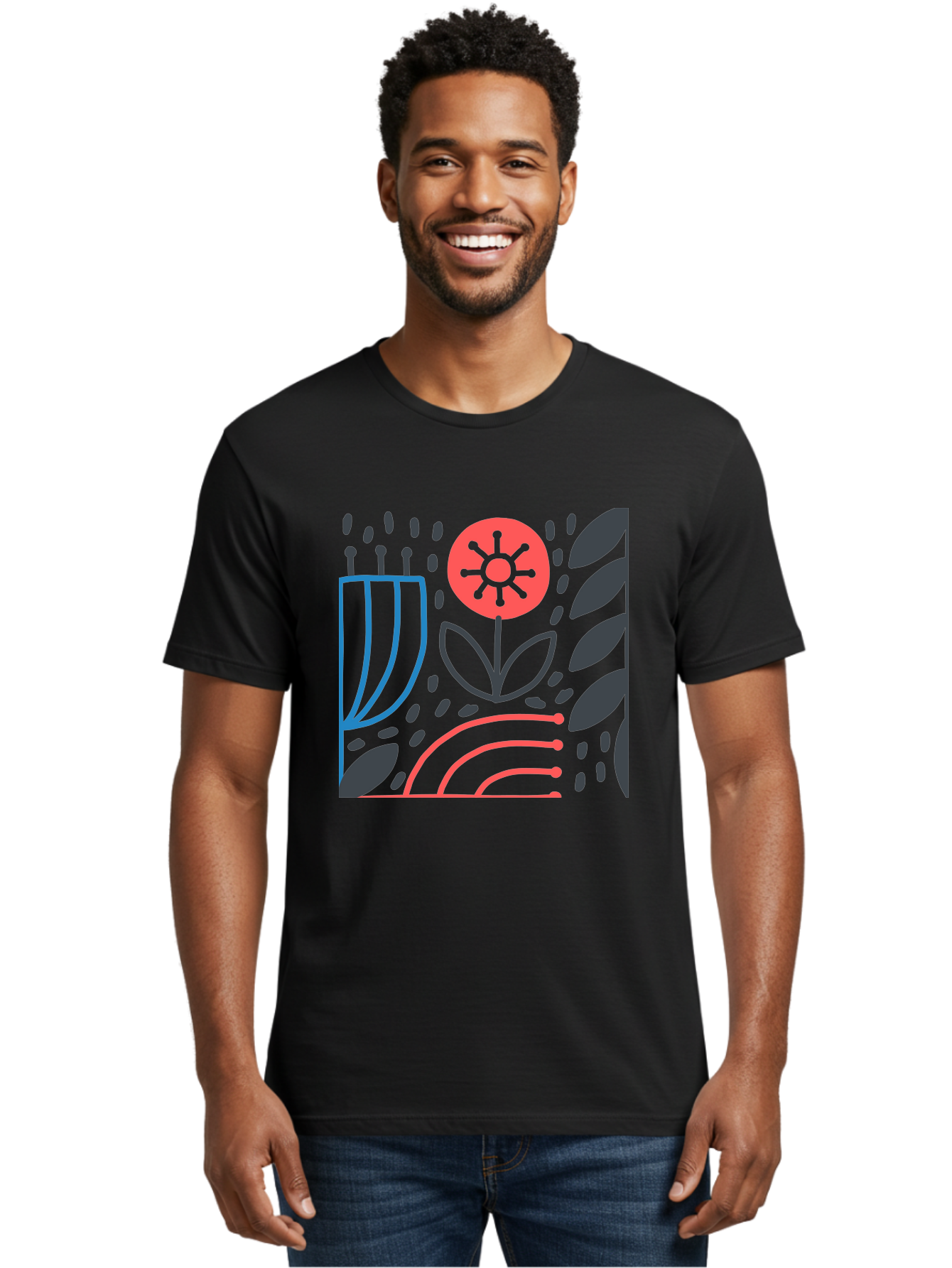 Stylized-Flower-And-Leaves Men'S Graphic Tee, 100% Cotton, Comfortable Casual Summer Wear, Machine Washable, Menorah With Candles, Flower Blooming, Abstract Shapes, Red And Blue Lines, Black Leaves, White Background, Symbolic Artwork, Judaism, Aab795