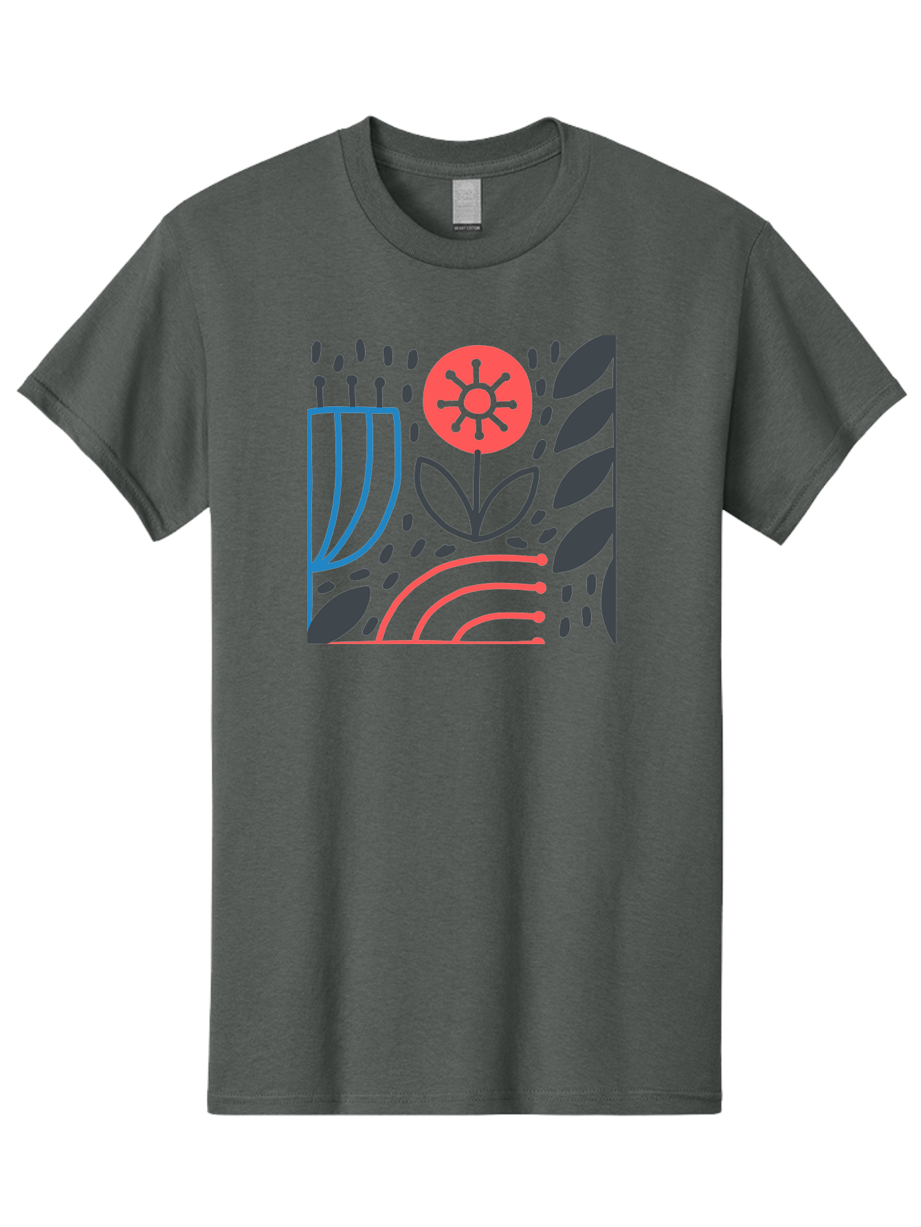 Stylized-Flower-And-Leaves Men'S Graphic Tee, 100% Cotton, Comfortable Casual Summer Wear, Machine Washable, Menorah With Candles, Flower Blooming, Abstract Shapes, Red And Blue Lines, Black Leaves, White Background, Symbolic Artwork, Judaism, Aab795