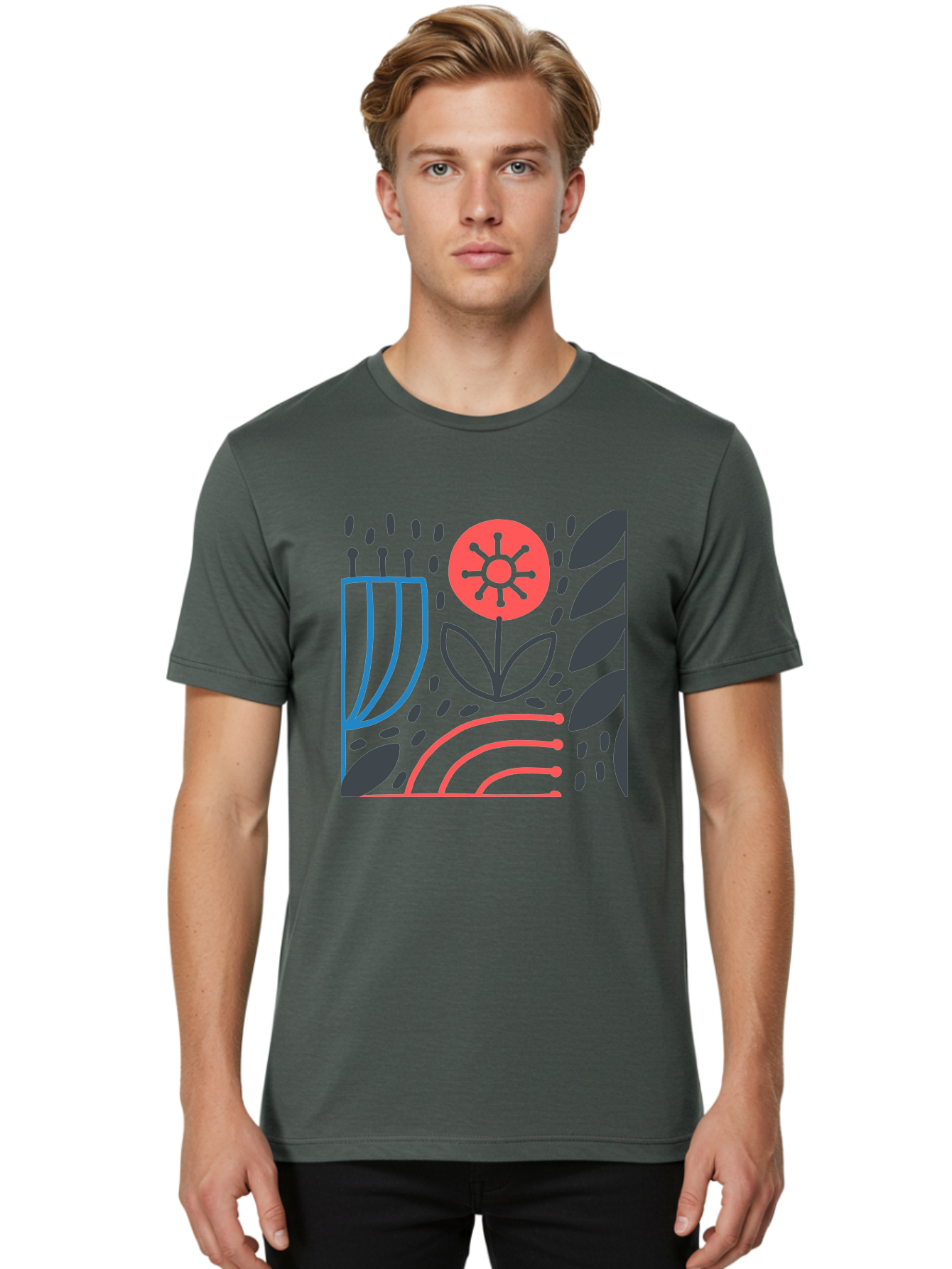 Stylized-Flower-And-Leaves Men'S Graphic Tee, 100% Cotton, Comfortable Casual Summer Wear, Machine Washable, Menorah With Candles, Flower Blooming, Abstract Shapes, Red And Blue Lines, Black Leaves, White Background, Symbolic Artwork, Judaism, Aab795