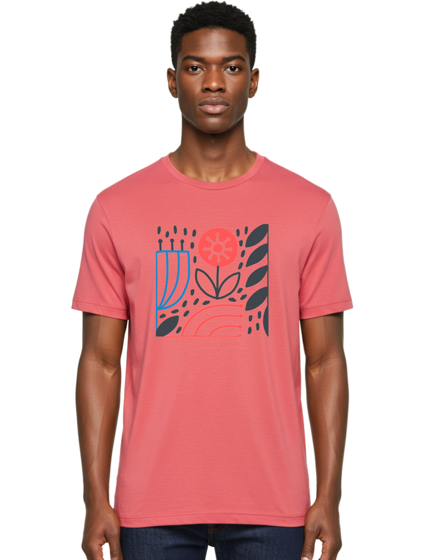 Stylized-Flower-And-Leaves Men'S Graphic Tee, 100% Cotton, Comfortable Casual Summer Wear, Machine Washable, Menorah With Candles, Flower Blooming, Abstract Shapes, Red And Blue Lines, Black Leaves, White Background, Symbolic Artwork, Judaism, Aab795