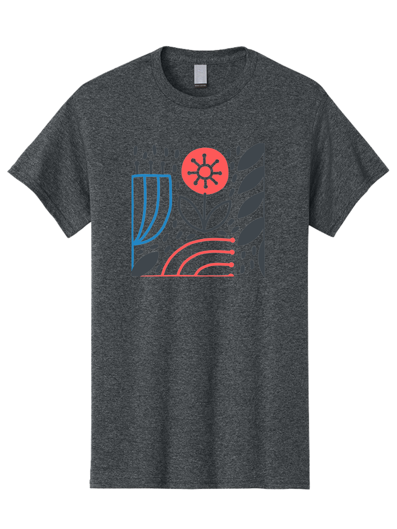 Stylized-Flower-And-Leaves Men'S Graphic Tee, 100% Cotton, Comfortable Casual Summer Wear, Machine Washable, Menorah With Candles, Flower Blooming, Abstract Shapes, Red And Blue Lines, Black Leaves, White Background, Symbolic Artwork, Judaism, Aab795