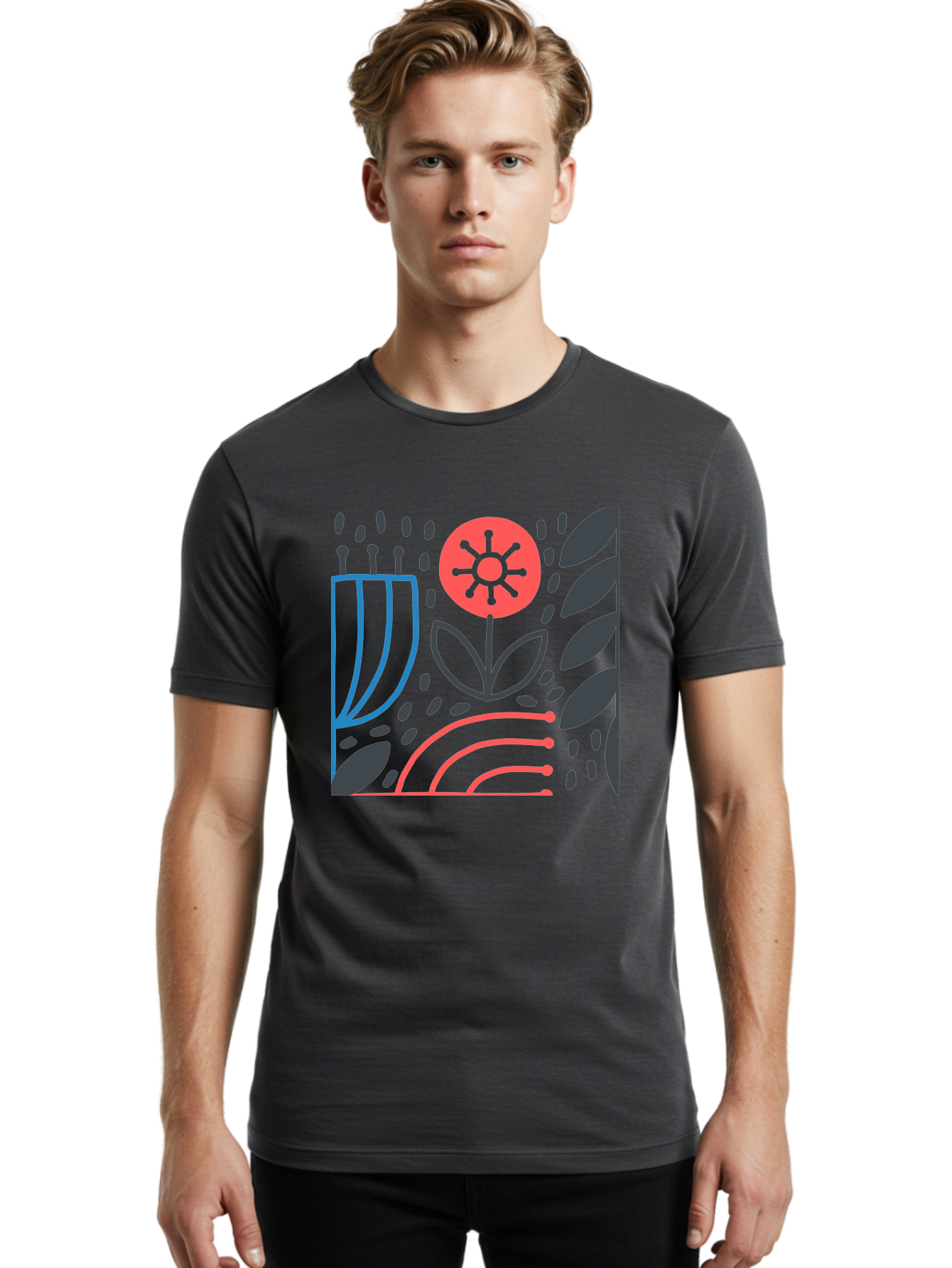 Stylized-Flower-And-Leaves Men'S Graphic Tee, 100% Cotton, Comfortable Casual Summer Wear, Machine Washable, Menorah With Candles, Flower Blooming, Abstract Shapes, Red And Blue Lines, Black Leaves, White Background, Symbolic Artwork, Judaism, Aab795