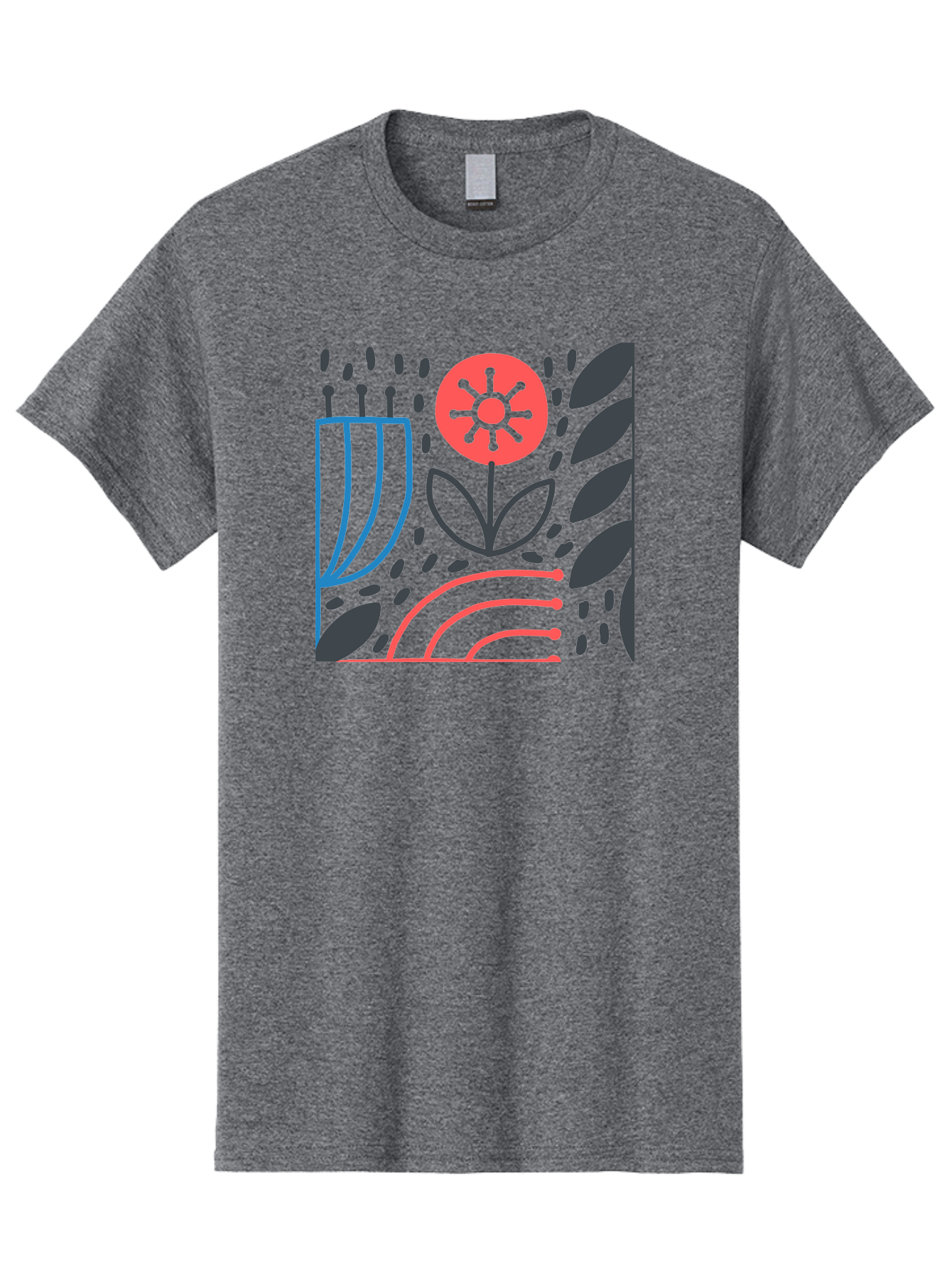 Stylized-Flower-And-Leaves Men'S Graphic Tee, 100% Cotton, Comfortable Casual Summer Wear, Machine Washable, Menorah With Candles, Flower Blooming, Abstract Shapes, Red And Blue Lines, Black Leaves, White Background, Symbolic Artwork, Judaism, Aab795