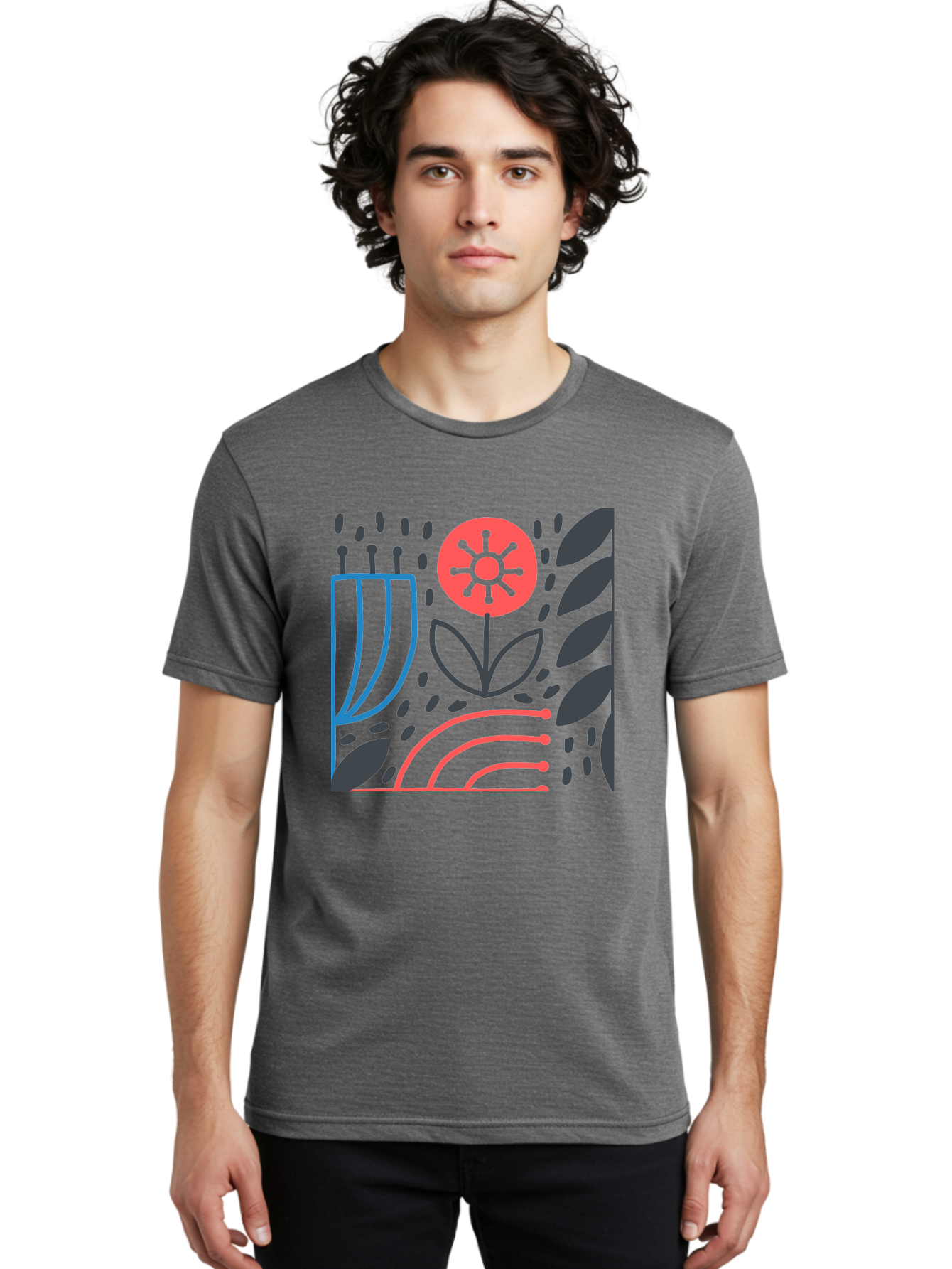 Stylized-Flower-And-Leaves Men'S Graphic Tee, 100% Cotton, Comfortable Casual Summer Wear, Machine Washable, Menorah With Candles, Flower Blooming, Abstract Shapes, Red And Blue Lines, Black Leaves, White Background, Symbolic Artwork, Judaism, Aab795