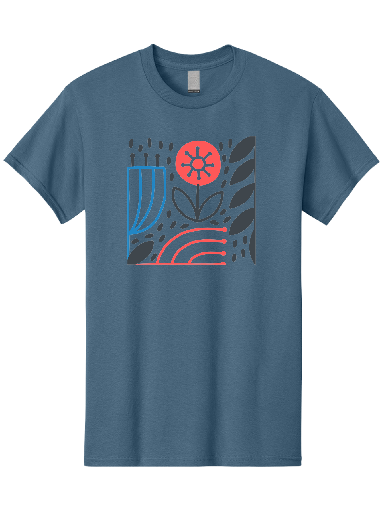 Stylized-Flower-And-Leaves Men'S Graphic Tee, 100% Cotton, Comfortable Casual Summer Wear, Machine Washable, Menorah With Candles, Flower Blooming, Abstract Shapes, Red And Blue Lines, Black Leaves, White Background, Symbolic Artwork, Judaism, Aab795