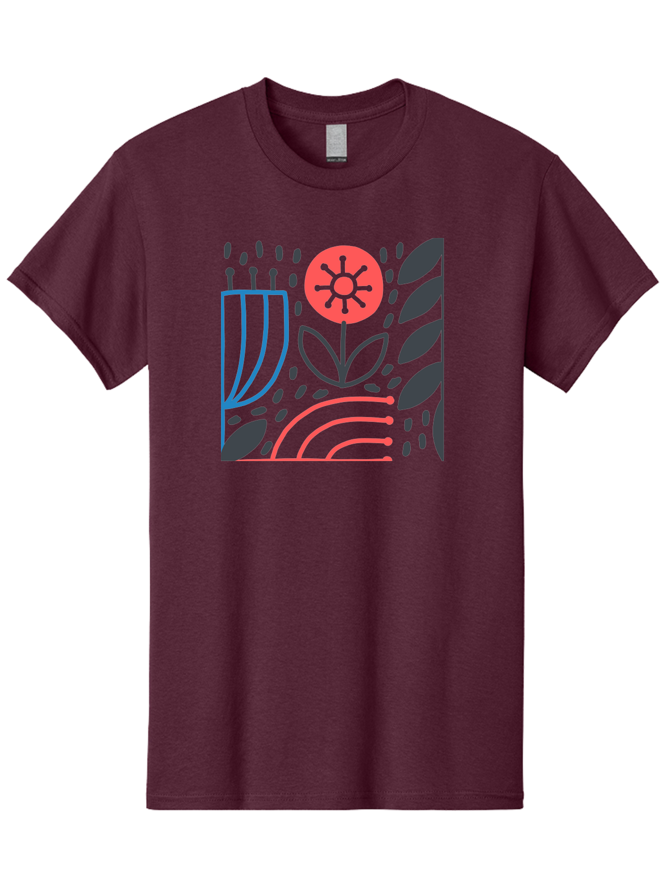 Stylized-Flower-And-Leaves Men'S Graphic Tee, 100% Cotton, Comfortable Casual Summer Wear, Machine Washable, Menorah With Candles, Flower Blooming, Abstract Shapes, Red And Blue Lines, Black Leaves, White Background, Symbolic Artwork, Judaism, Aab795