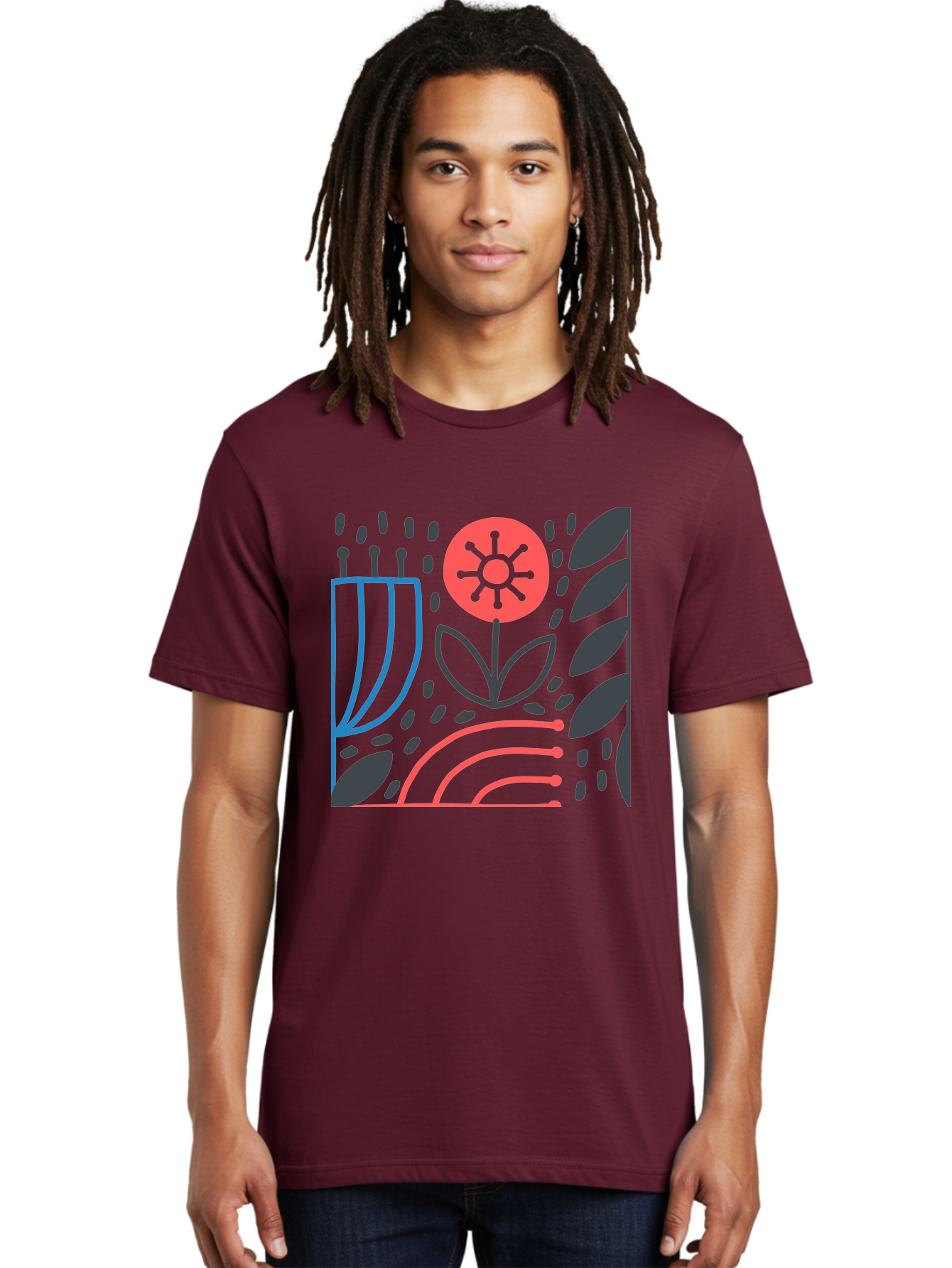 Stylized-Flower-And-Leaves Men'S Graphic Tee, 100% Cotton, Comfortable Casual Summer Wear, Machine Washable, Menorah With Candles, Flower Blooming, Abstract Shapes, Red And Blue Lines, Black Leaves, White Background, Symbolic Artwork, Judaism, Aab795