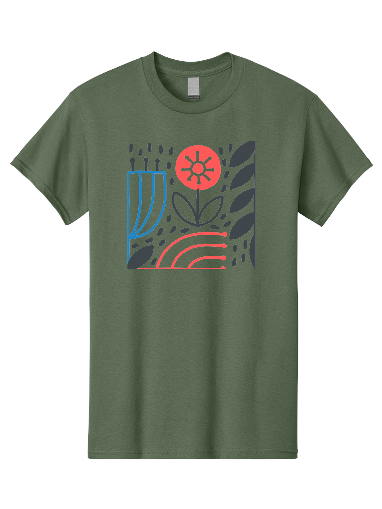 Stylized-Flower-And-Leaves Men'S Graphic Tee, 100% Cotton, Comfortable Casual Summer Wear, Machine Washable, Menorah With Candles, Flower Blooming, Abstract Shapes, Red And Blue Lines, Black Leaves, White Background, Symbolic Artwork, Judaism, Aab795