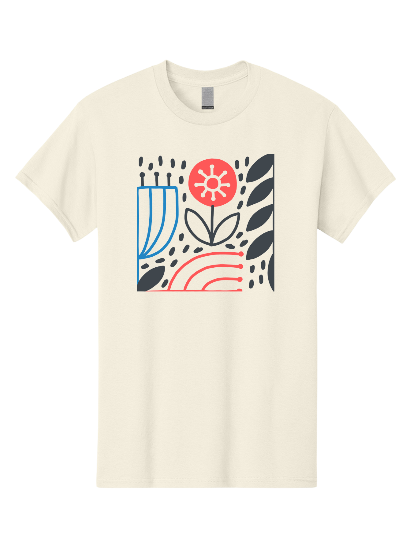 Stylized-Flower-And-Leaves Men'S Graphic Tee, 100% Cotton, Comfortable Casual Summer Wear, Machine Washable, Menorah With Candles, Flower Blooming, Abstract Shapes, Red And Blue Lines, Black Leaves, White Background, Symbolic Artwork, Judaism, Aab795