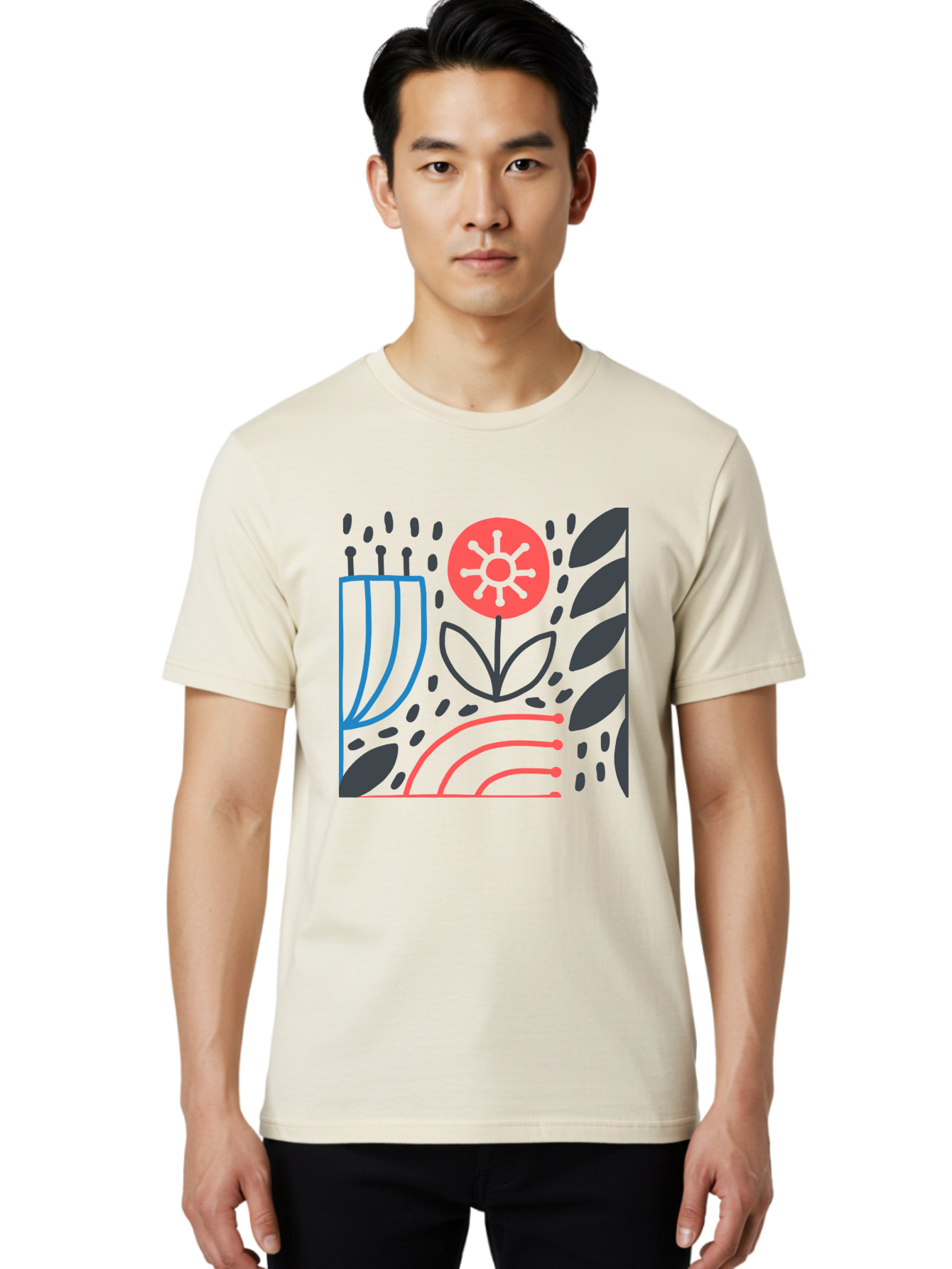 Stylized-Flower-And-Leaves Men'S Graphic Tee, 100% Cotton, Comfortable Casual Summer Wear, Machine Washable, Menorah With Candles, Flower Blooming, Abstract Shapes, Red And Blue Lines, Black Leaves, White Background, Symbolic Artwork, Judaism, Aab795