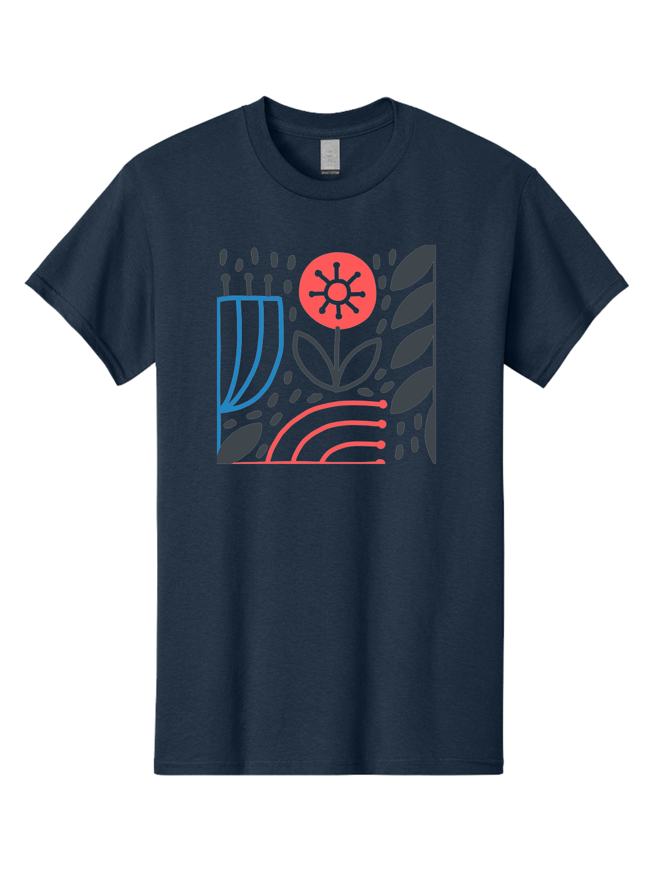 Stylized-Flower-And-Leaves Men'S Graphic Tee, 100% Cotton, Comfortable Casual Summer Wear, Machine Washable, Menorah With Candles, Flower Blooming, Abstract Shapes, Red And Blue Lines, Black Leaves, White Background, Symbolic Artwork, Judaism, Aab795