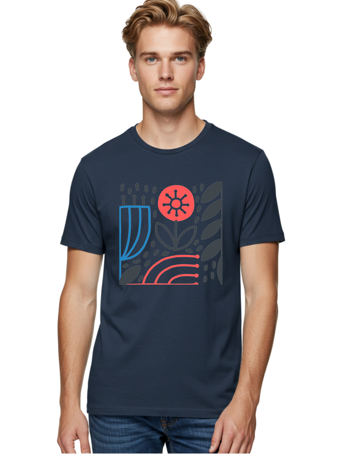 Stylized-Flower-And-Leaves Men'S Graphic Tee, 100% Cotton, Comfortable Casual Summer Wear, Machine Washable, Menorah With Candles, Flower Blooming, Abstract Shapes, Red And Blue Lines, Black Leaves, White Background, Symbolic Artwork, Judaism, Aab795