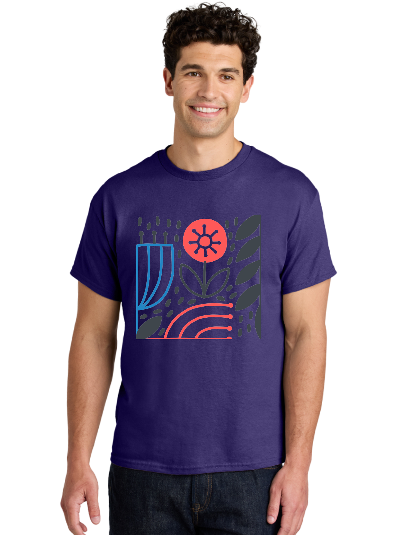 Stylized-Flower-And-Leaves Men'S Graphic Tee, 100% Cotton, Comfortable Casual Summer Wear, Machine Washable, Menorah With Candles, Flower Blooming, Abstract Shapes, Red And Blue Lines, Black Leaves, White Background, Symbolic Artwork, Judaism, Aab795