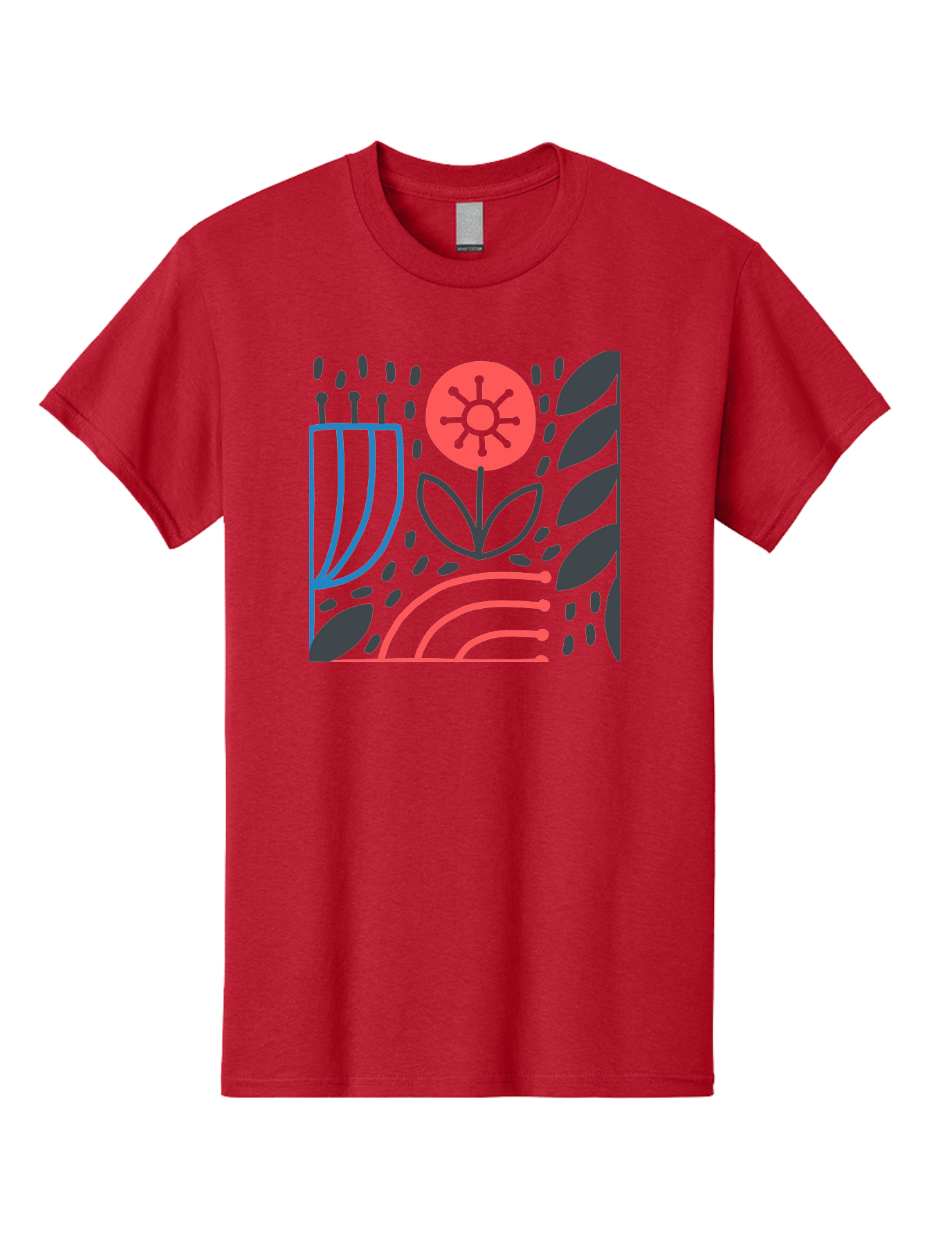 Stylized-Flower-And-Leaves Men'S Graphic Tee, 100% Cotton, Comfortable Casual Summer Wear, Machine Washable, Menorah With Candles, Flower Blooming, Abstract Shapes, Red And Blue Lines, Black Leaves, White Background, Symbolic Artwork, Judaism, Aab795