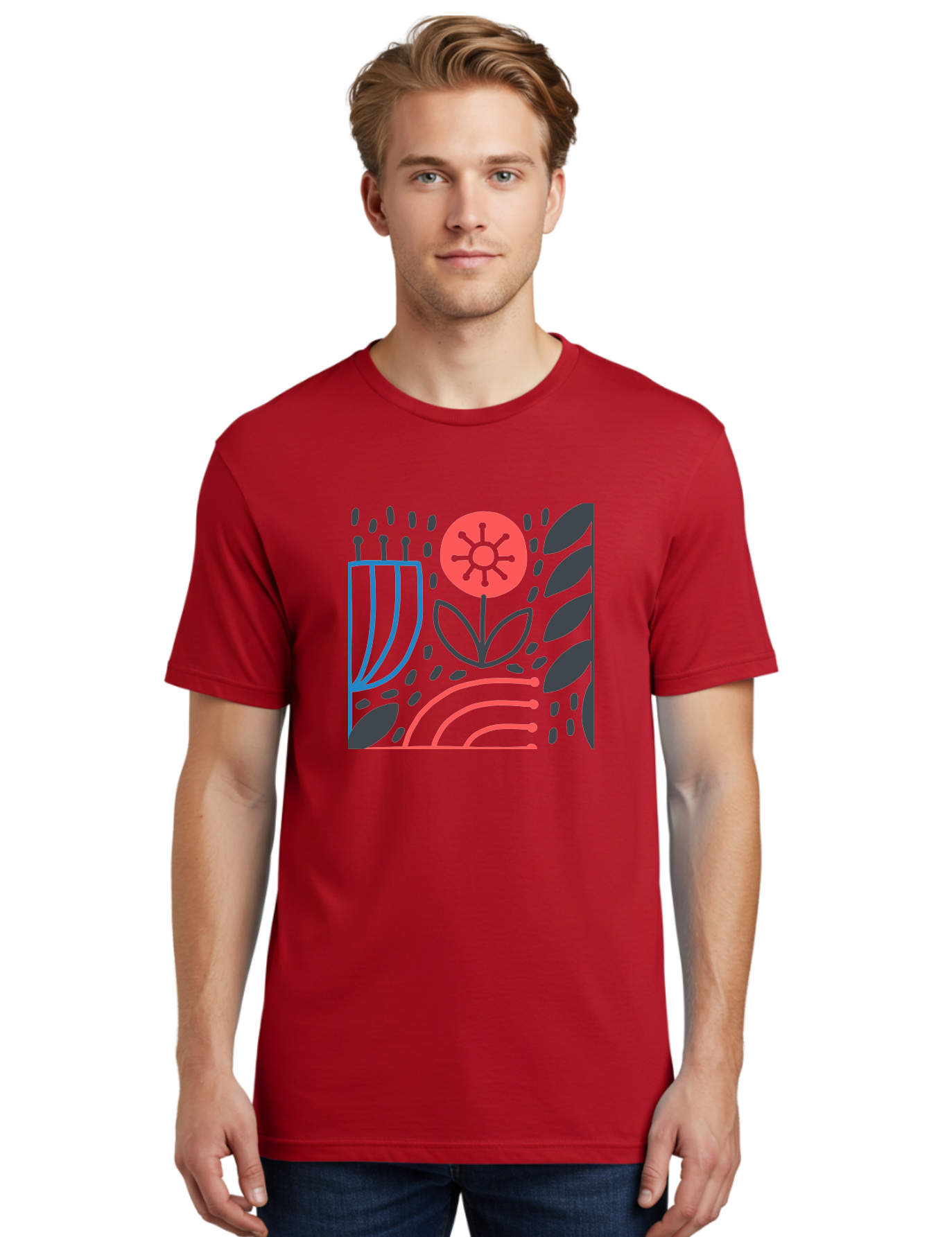 Stylized-Flower-And-Leaves Men'S Graphic Tee, 100% Cotton, Comfortable Casual Summer Wear, Machine Washable, Menorah With Candles, Flower Blooming, Abstract Shapes, Red And Blue Lines, Black Leaves, White Background, Symbolic Artwork, Judaism, Aab795