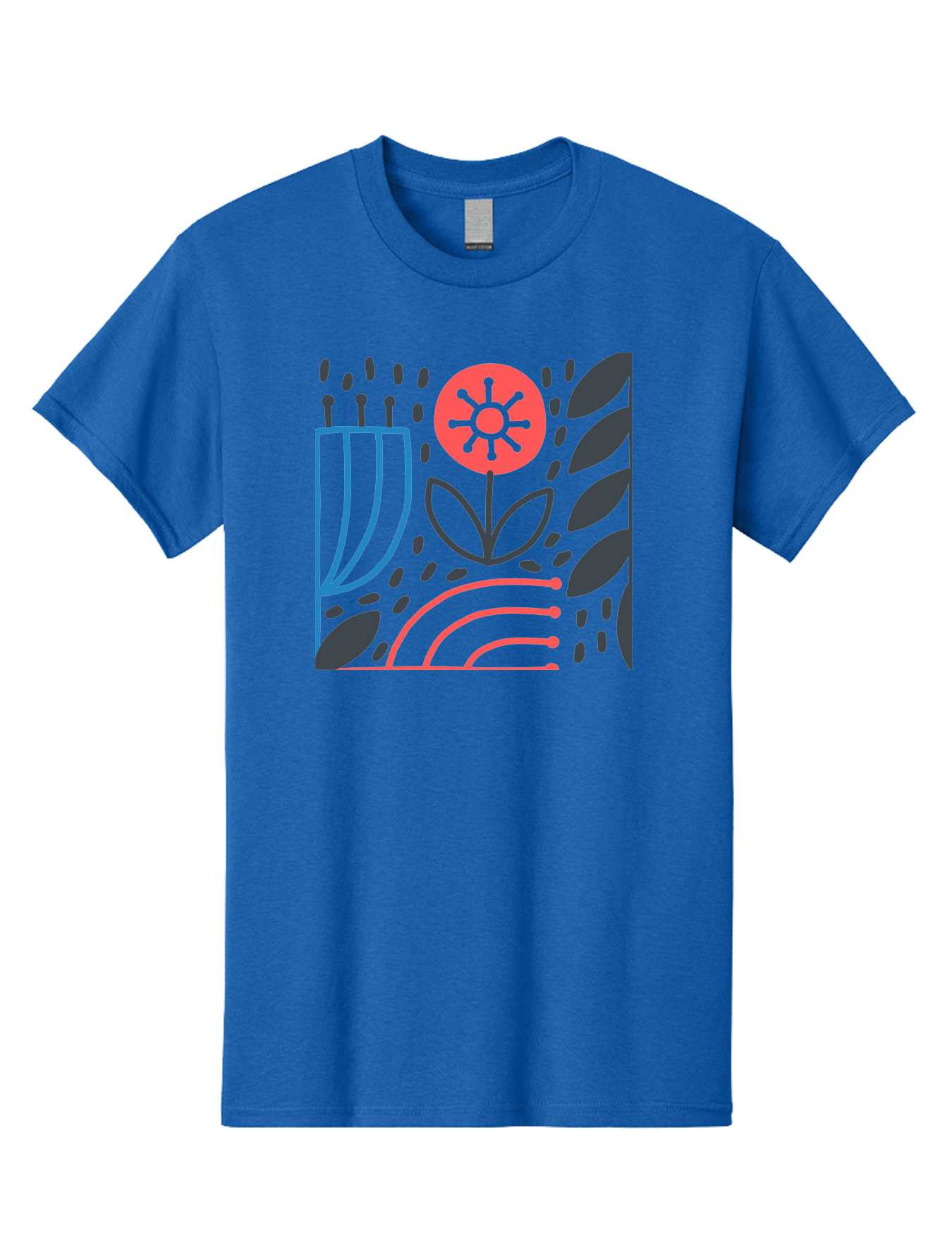 Stylized-Flower-And-Leaves Men'S Graphic Tee, 100% Cotton, Comfortable Casual Summer Wear, Machine Washable, Menorah With Candles, Flower Blooming, Abstract Shapes, Red And Blue Lines, Black Leaves, White Background, Symbolic Artwork, Judaism, Aab795