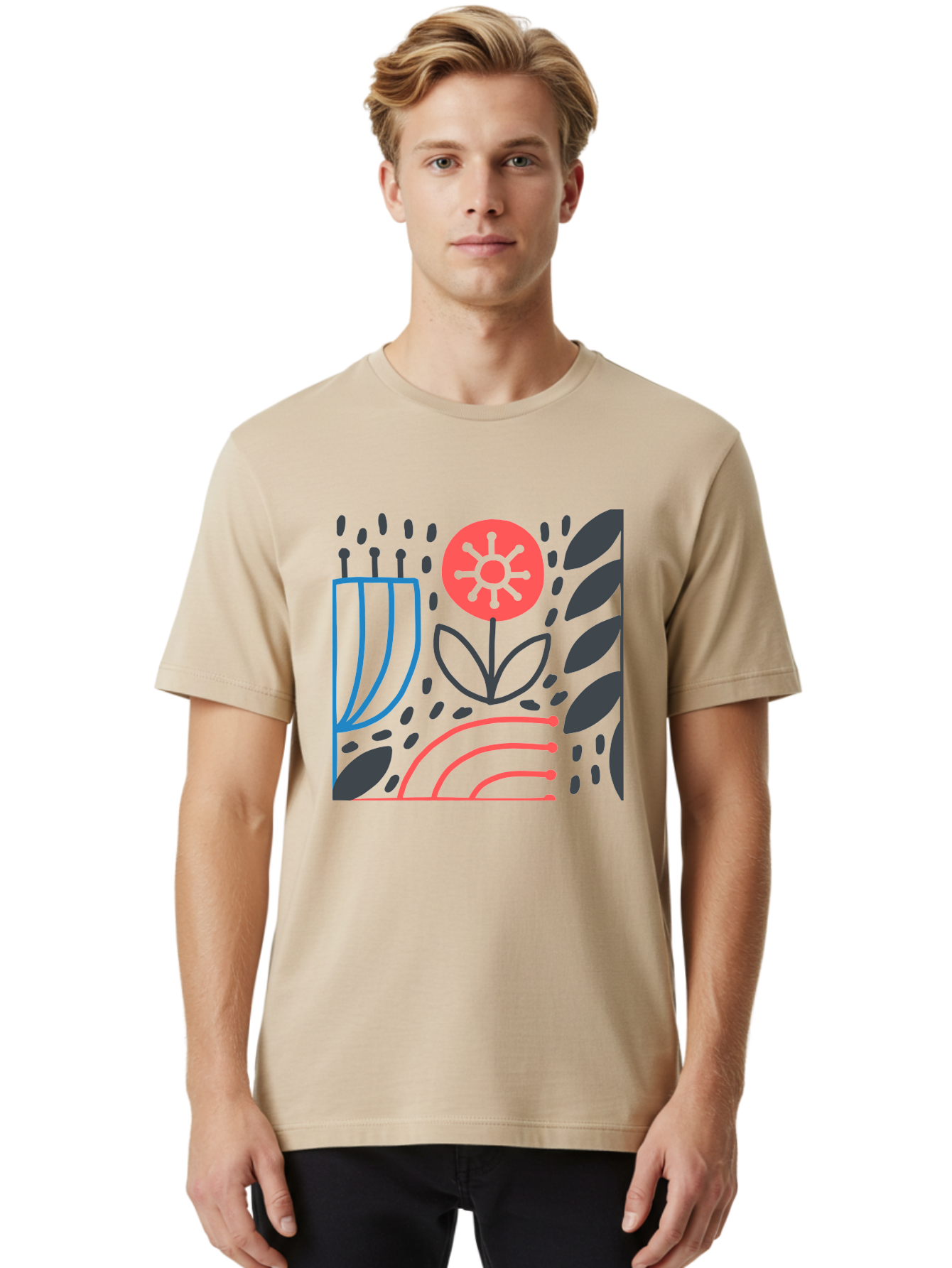 Stylized-Flower-And-Leaves Men'S Graphic Tee, 100% Cotton, Comfortable Casual Summer Wear, Machine Washable, Menorah With Candles, Flower Blooming, Abstract Shapes, Red And Blue Lines, Black Leaves, White Background, Symbolic Artwork, Judaism, Aab795