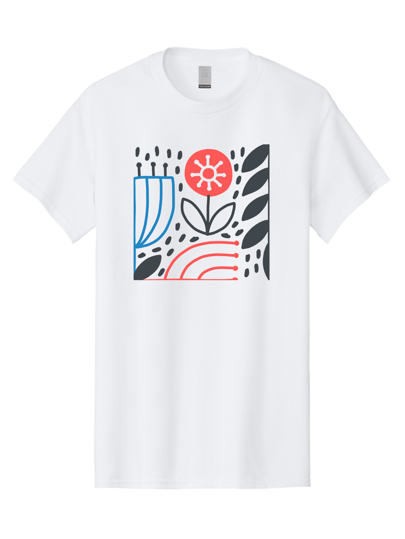 Stylized-Flower-And-Leaves Men'S Graphic Tee, 100% Cotton, Comfortable Casual Summer Wear, Machine Washable, Menorah With Candles, Flower Blooming, Abstract Shapes, Red And Blue Lines, Black Leaves, White Background, Symbolic Artwork, Judaism, Aab795