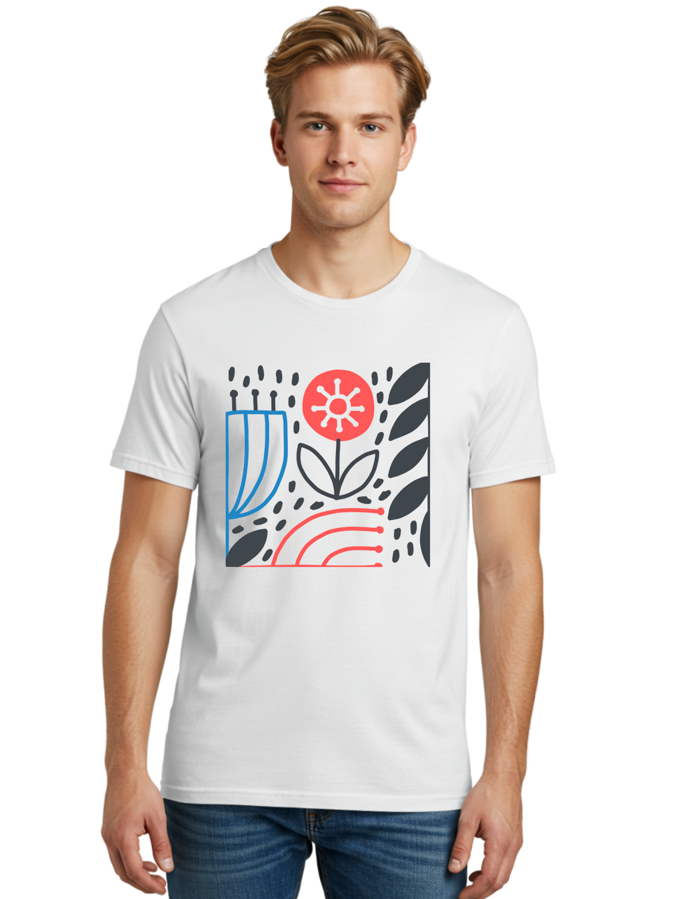 Stylized-Flower-And-Leaves Men'S Graphic Tee, 100% Cotton, Comfortable Casual Summer Wear, Machine Washable, Menorah With Candles, Flower Blooming, Abstract Shapes, Red And Blue Lines, Black Leaves, White Background, Symbolic Artwork, Judaism, Aab795