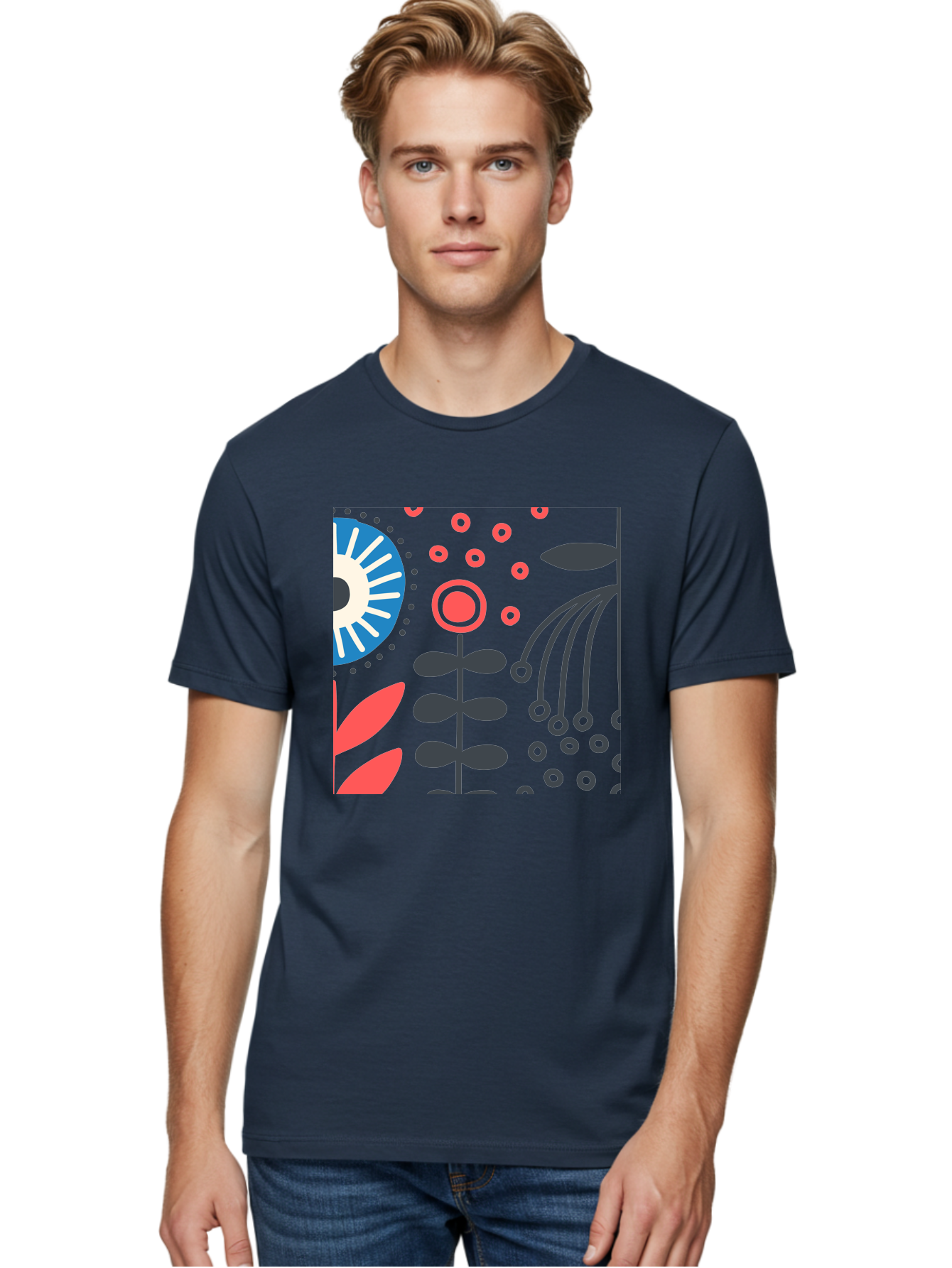 Sun-Icon-Floral Men'S Graphic Tee, 100% Cotton, Comfortable Casual Summer Wear, Machine Washable, Stylish Floral Pattern, Abstract Art, Eye-Catching Design, Minimalist Style, Bold Graphics, Contemporary Illustration, Floral Elements, Aab796