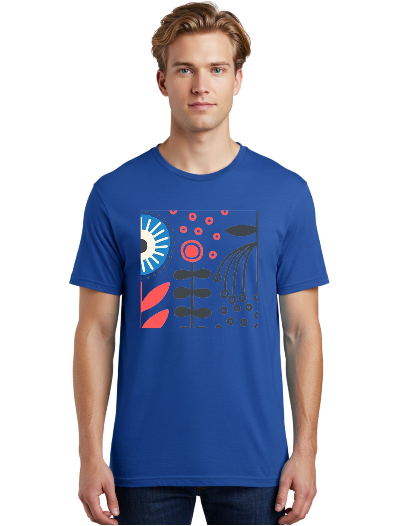 Sun-Icon-Floral Men'S Graphic Tee, 100% Cotton, Comfortable Casual Summer Wear, Machine Washable, Stylish Floral Pattern, Abstract Art, Eye-Catching Design, Minimalist Style, Bold Graphics, Contemporary Illustration, Floral Elements, Aab796