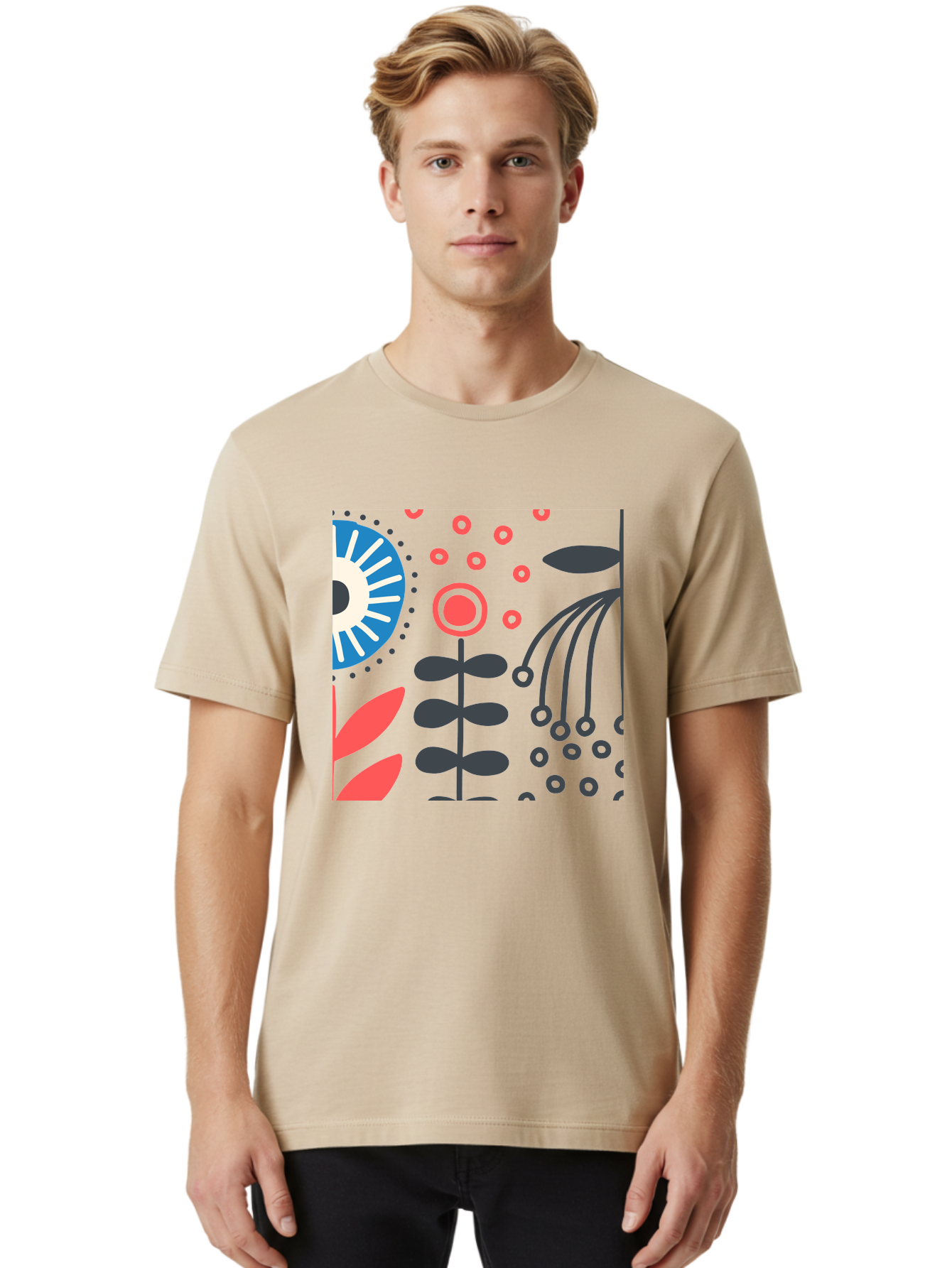 Sun-Icon-Floral Men'S Graphic Tee, 100% Cotton, Comfortable Casual Summer Wear, Machine Washable, Stylish Floral Pattern, Abstract Art, Eye-Catching Design, Minimalist Style, Bold Graphics, Contemporary Illustration, Floral Elements, Aab796