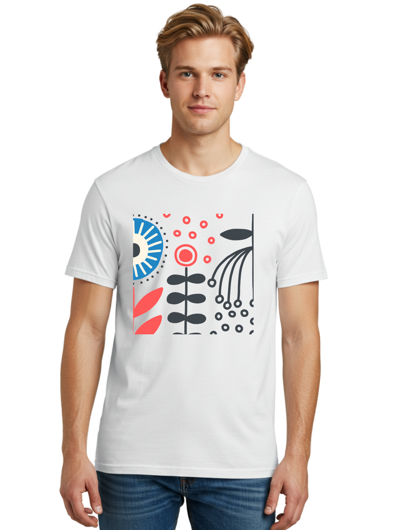Sun-Icon-Floral Men'S Graphic Tee, 100% Cotton, Comfortable Casual Summer Wear, Machine Washable, Stylish Floral Pattern, Abstract Art, Eye-Catching Design, Minimalist Style, Bold Graphics, Contemporary Illustration, Floral Elements, Aab796