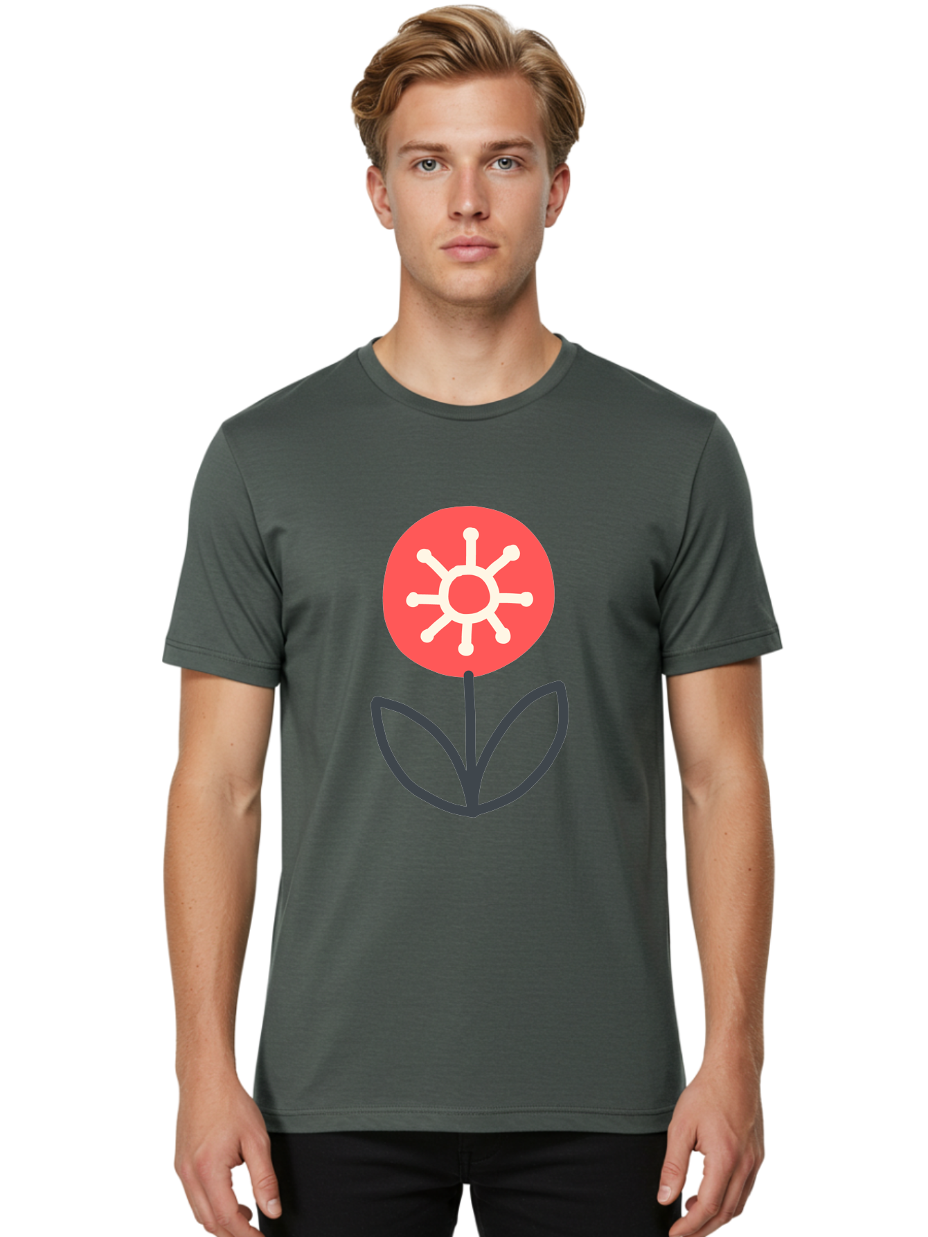 Sunflower-Icon Men'S Graphic Tee, 100% Cotton, Comfortable Casual Summer Wear, Machine Washable, Stylized Sunflower, Simple Flower Design, Abstract Sun Symbol, Red And White Colors, Minimalist Logo, Floral Icon, Modern Graphic Aab797