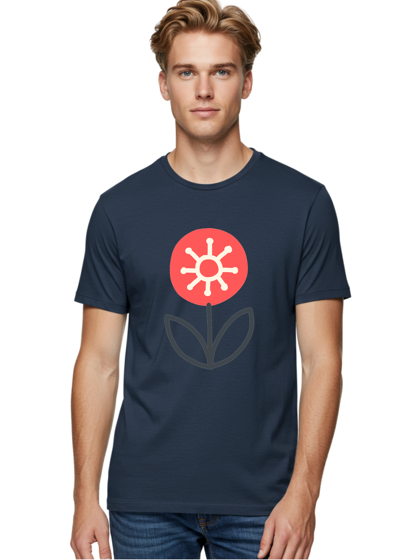 Sunflower-Icon Men'S Graphic Tee, 100% Cotton, Comfortable Casual Summer Wear, Machine Washable, Stylized Sunflower, Simple Flower Design, Abstract Sun Symbol, Red And White Colors, Minimalist Logo, Floral Icon, Modern Graphic Aab797