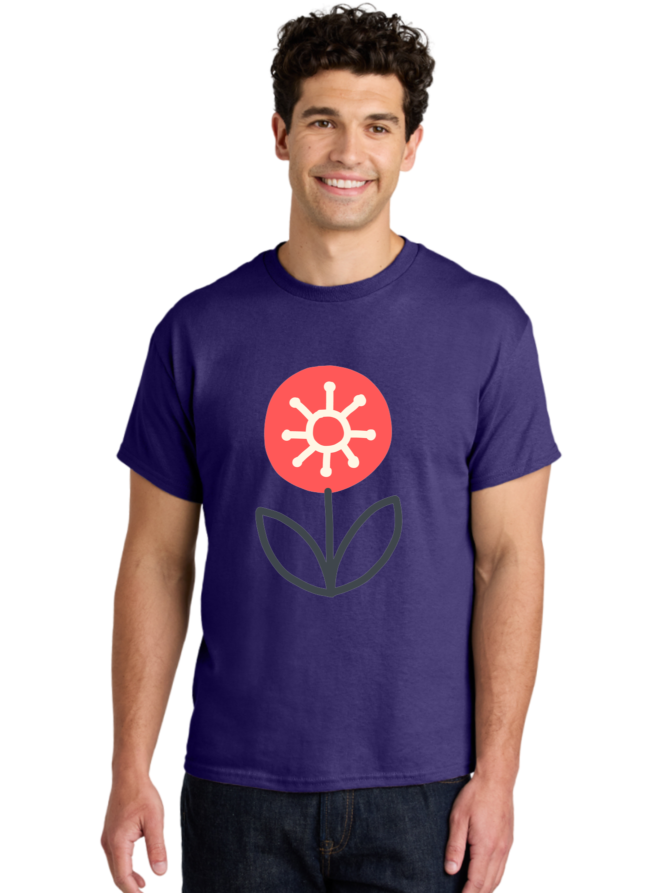 Sunflower-Icon Men'S Graphic Tee, 100% Cotton, Comfortable Casual Summer Wear, Machine Washable, Stylized Sunflower, Simple Flower Design, Abstract Sun Symbol, Red And White Colors, Minimalist Logo, Floral Icon, Modern Graphic Aab797