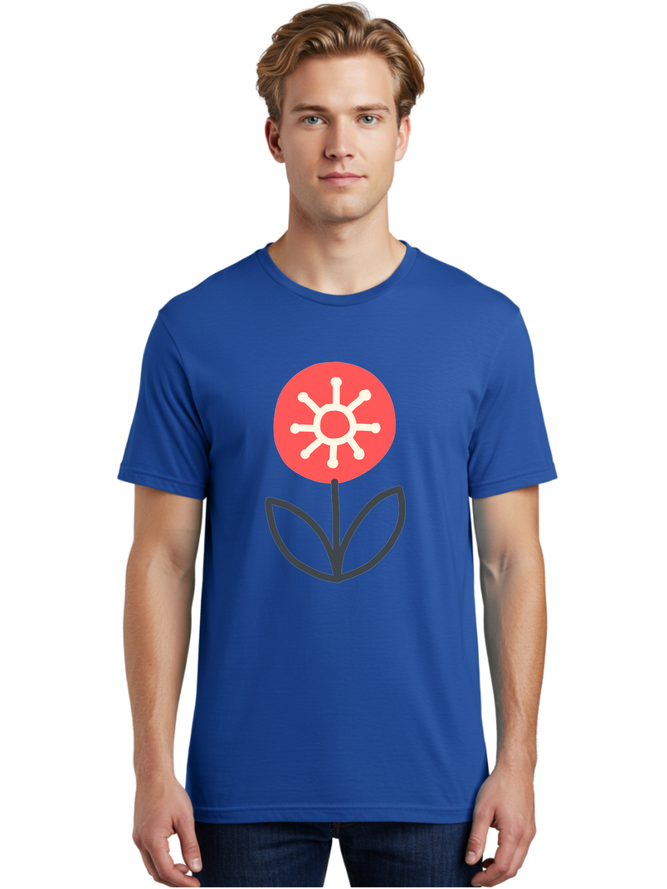 Sunflower-Icon Men'S Graphic Tee, 100% Cotton, Comfortable Casual Summer Wear, Machine Washable, Stylized Sunflower, Simple Flower Design, Abstract Sun Symbol, Red And White Colors, Minimalist Logo, Floral Icon, Modern Graphic Aab797