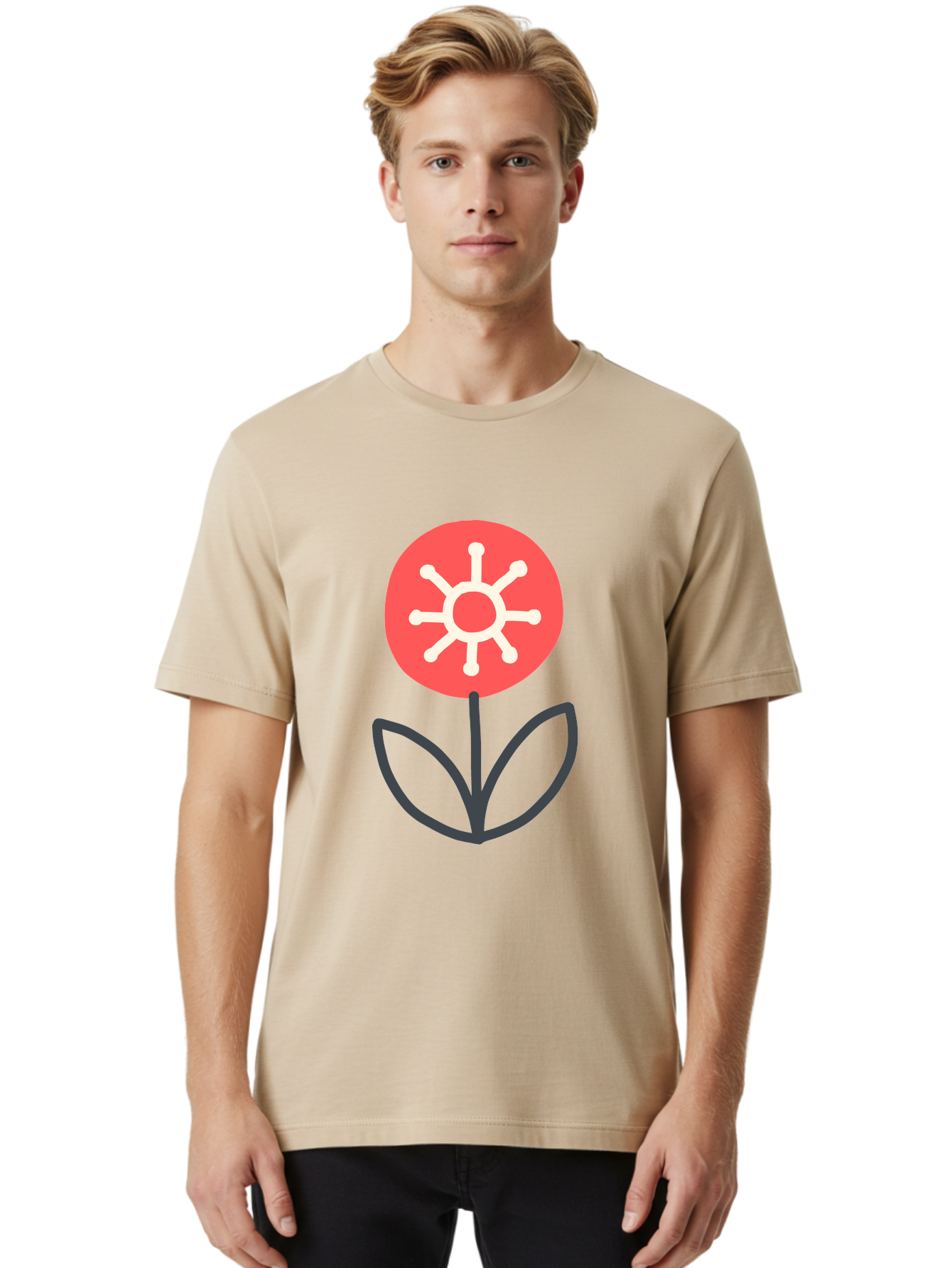 Sunflower-Icon Men'S Graphic Tee, 100% Cotton, Comfortable Casual Summer Wear, Machine Washable, Stylized Sunflower, Simple Flower Design, Abstract Sun Symbol, Red And White Colors, Minimalist Logo, Floral Icon, Modern Graphic Aab797