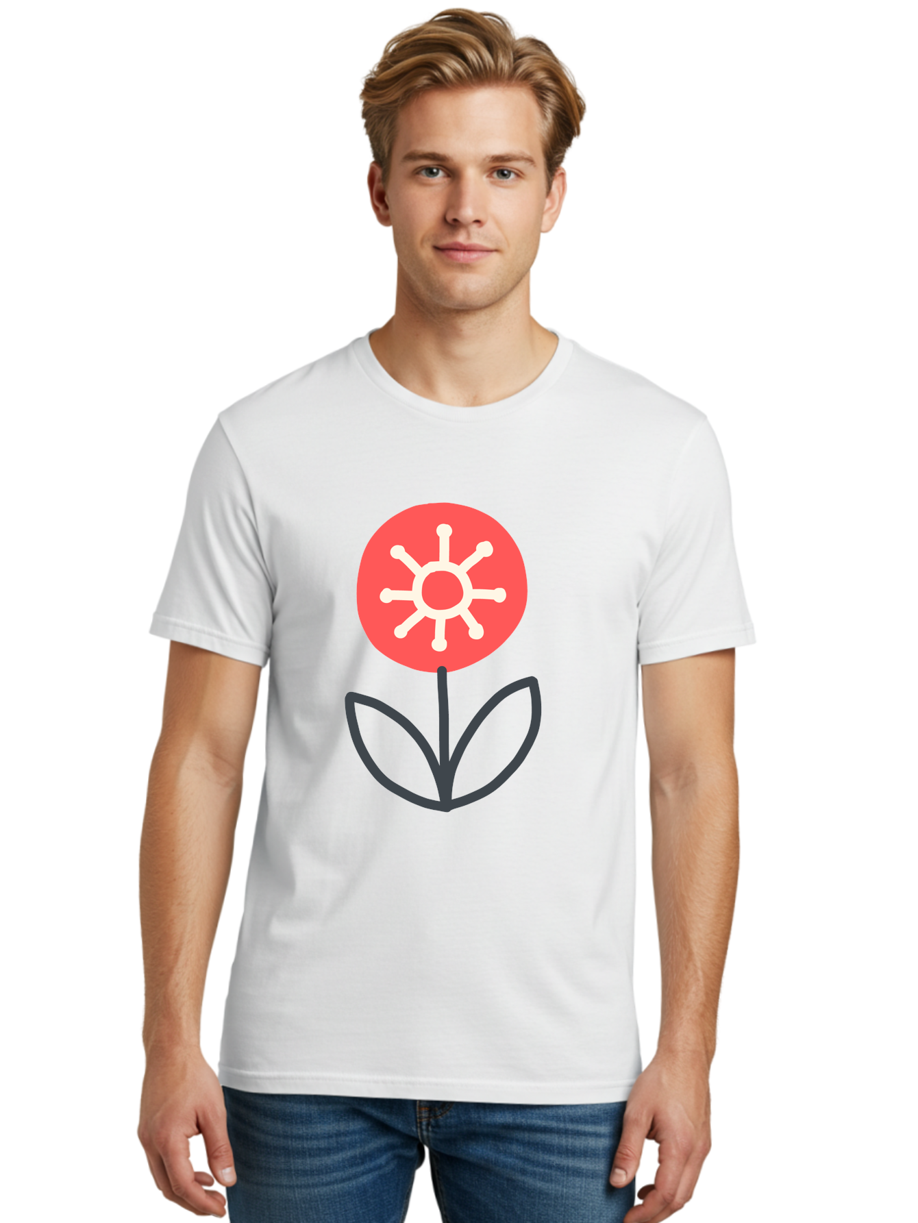 Sunflower-Icon Men'S Graphic Tee, 100% Cotton, Comfortable Casual Summer Wear, Machine Washable, Stylized Sunflower, Simple Flower Design, Abstract Sun Symbol, Red And White Colors, Minimalist Logo, Floral Icon, Modern Graphic Aab797