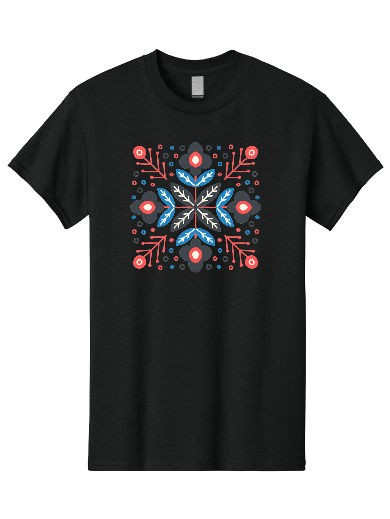 Symmetric-Floral-Pattern Men'S Graphic Tee, 100% Cotton, Comfortable Casual Summer Wear, Machine Washable, Floral Pattern, Geometric Shapes, Red Blue Black White, Abstract Design, Traditional Folk Art, Symmetry, Stylized Flowers, Aab798