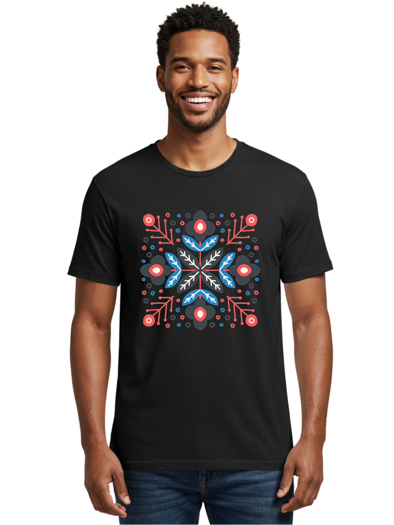 Symmetric-Floral-Pattern Men'S Graphic Tee, 100% Cotton, Comfortable Casual Summer Wear, Machine Washable, Floral Pattern, Geometric Shapes, Red Blue Black White, Abstract Design, Traditional Folk Art, Symmetry, Stylized Flowers, Aab798