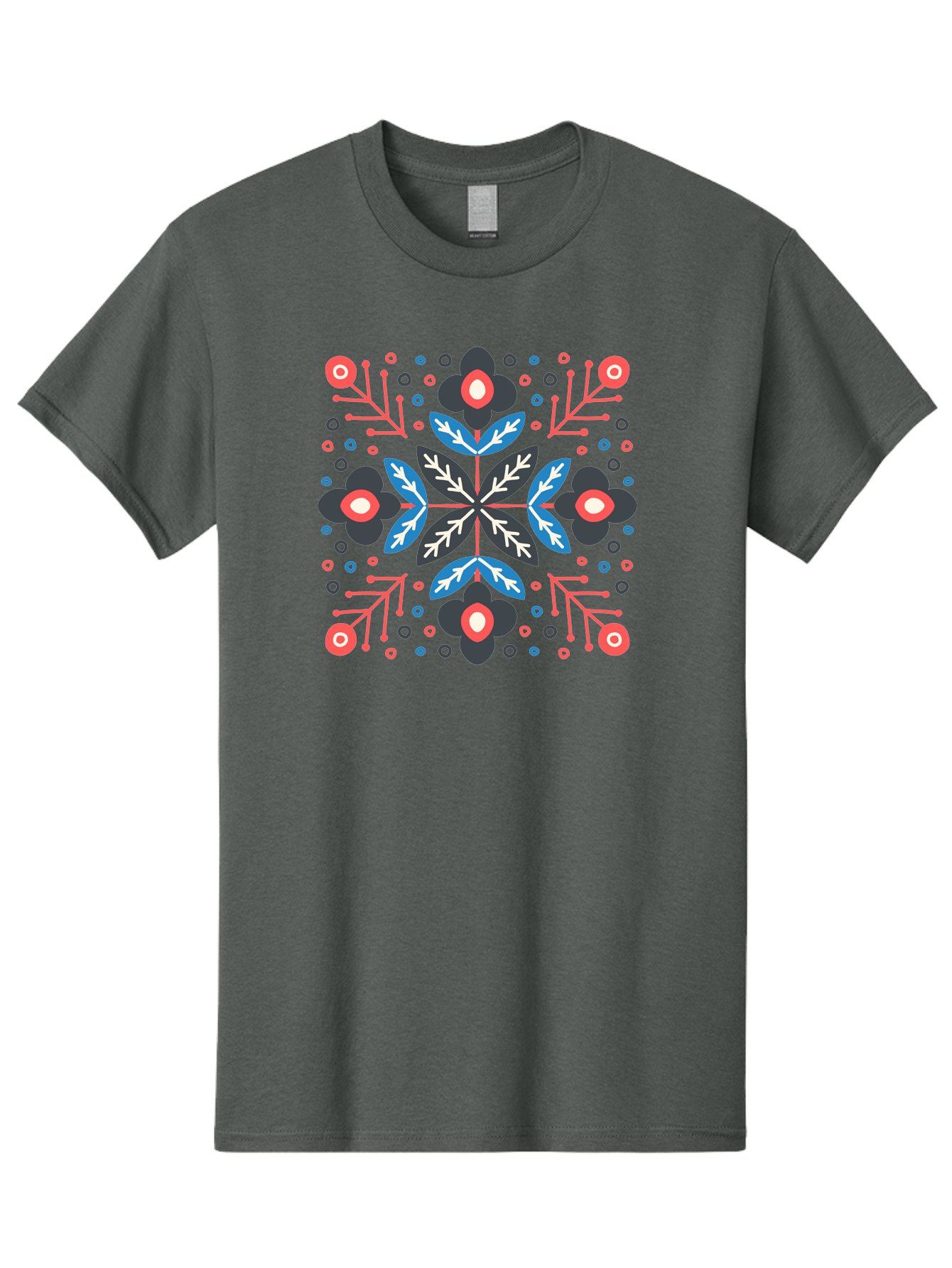 Symmetric-Floral-Pattern Men'S Graphic Tee, 100% Cotton, Comfortable Casual Summer Wear, Machine Washable, Floral Pattern, Geometric Shapes, Red Blue Black White, Abstract Design, Traditional Folk Art, Symmetry, Stylized Flowers, Aab798