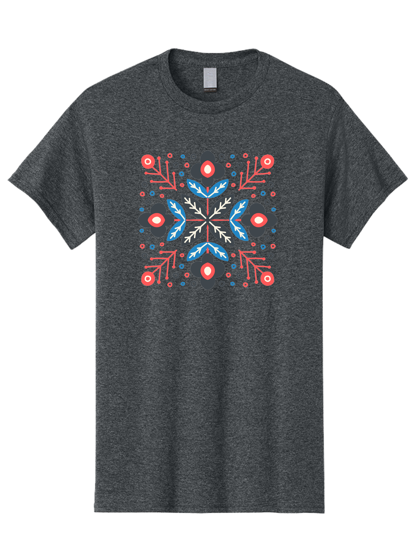 Symmetric-Floral-Pattern Men'S Graphic Tee, 100% Cotton, Comfortable Casual Summer Wear, Machine Washable, Floral Pattern, Geometric Shapes, Red Blue Black White, Abstract Design, Traditional Folk Art, Symmetry, Stylized Flowers, Aab798