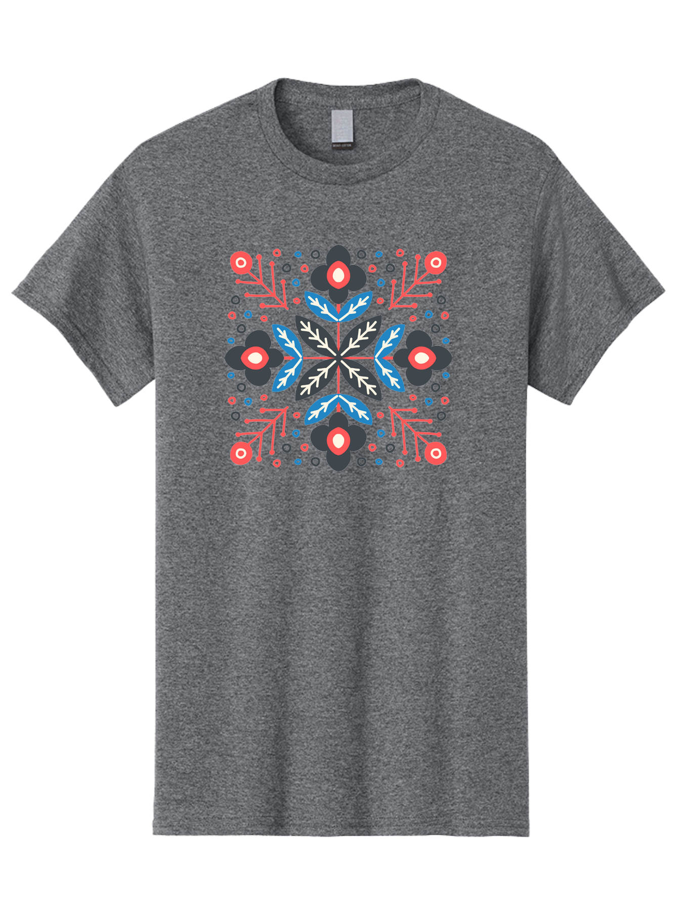 Symmetric-Floral-Pattern Men'S Graphic Tee, 100% Cotton, Comfortable Casual Summer Wear, Machine Washable, Floral Pattern, Geometric Shapes, Red Blue Black White, Abstract Design, Traditional Folk Art, Symmetry, Stylized Flowers, Aab798