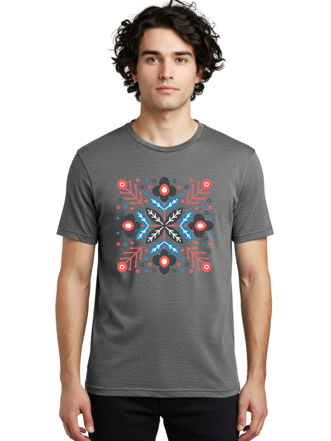 Symmetric-Floral-Pattern Men'S Graphic Tee, 100% Cotton, Comfortable Casual Summer Wear, Machine Washable, Floral Pattern, Geometric Shapes, Red Blue Black White, Abstract Design, Traditional Folk Art, Symmetry, Stylized Flowers, Aab798