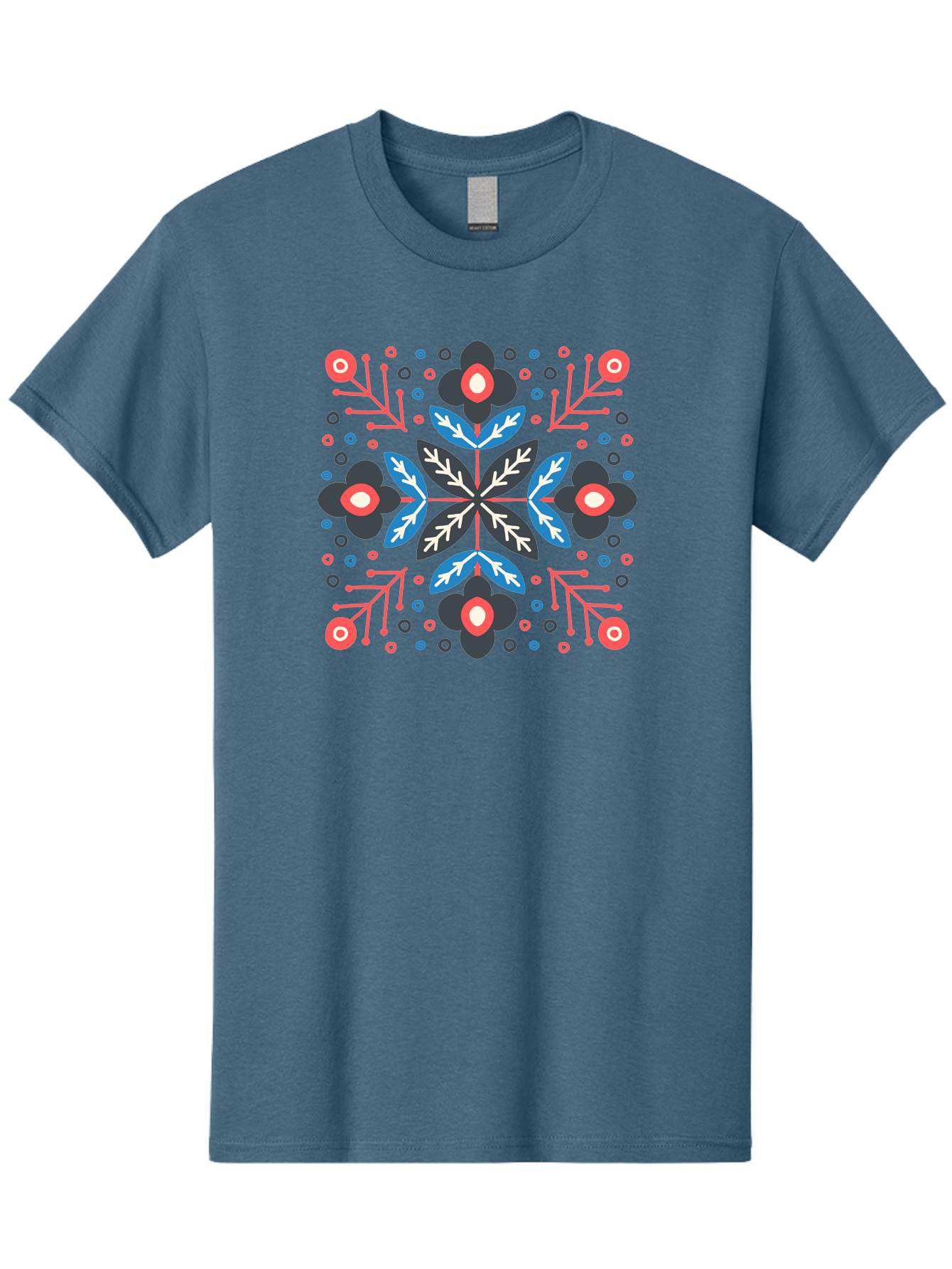 Symmetric-Floral-Pattern Men'S Graphic Tee, 100% Cotton, Comfortable Casual Summer Wear, Machine Washable, Floral Pattern, Geometric Shapes, Red Blue Black White, Abstract Design, Traditional Folk Art, Symmetry, Stylized Flowers, Aab798