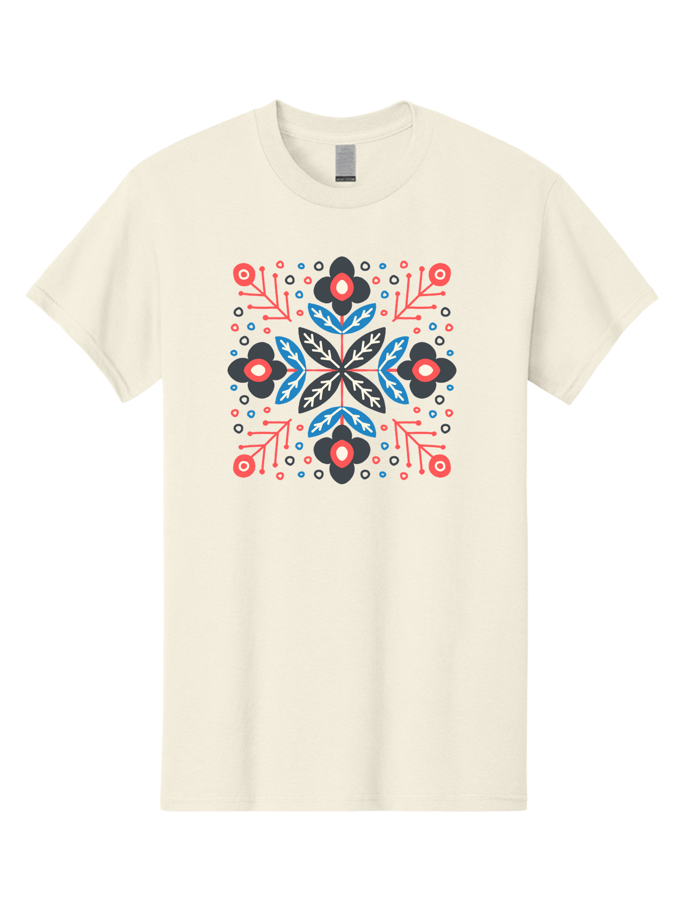 Symmetric-Floral-Pattern Men'S Graphic Tee, 100% Cotton, Comfortable Casual Summer Wear, Machine Washable, Floral Pattern, Geometric Shapes, Red Blue Black White, Abstract Design, Traditional Folk Art, Symmetry, Stylized Flowers, Aab798