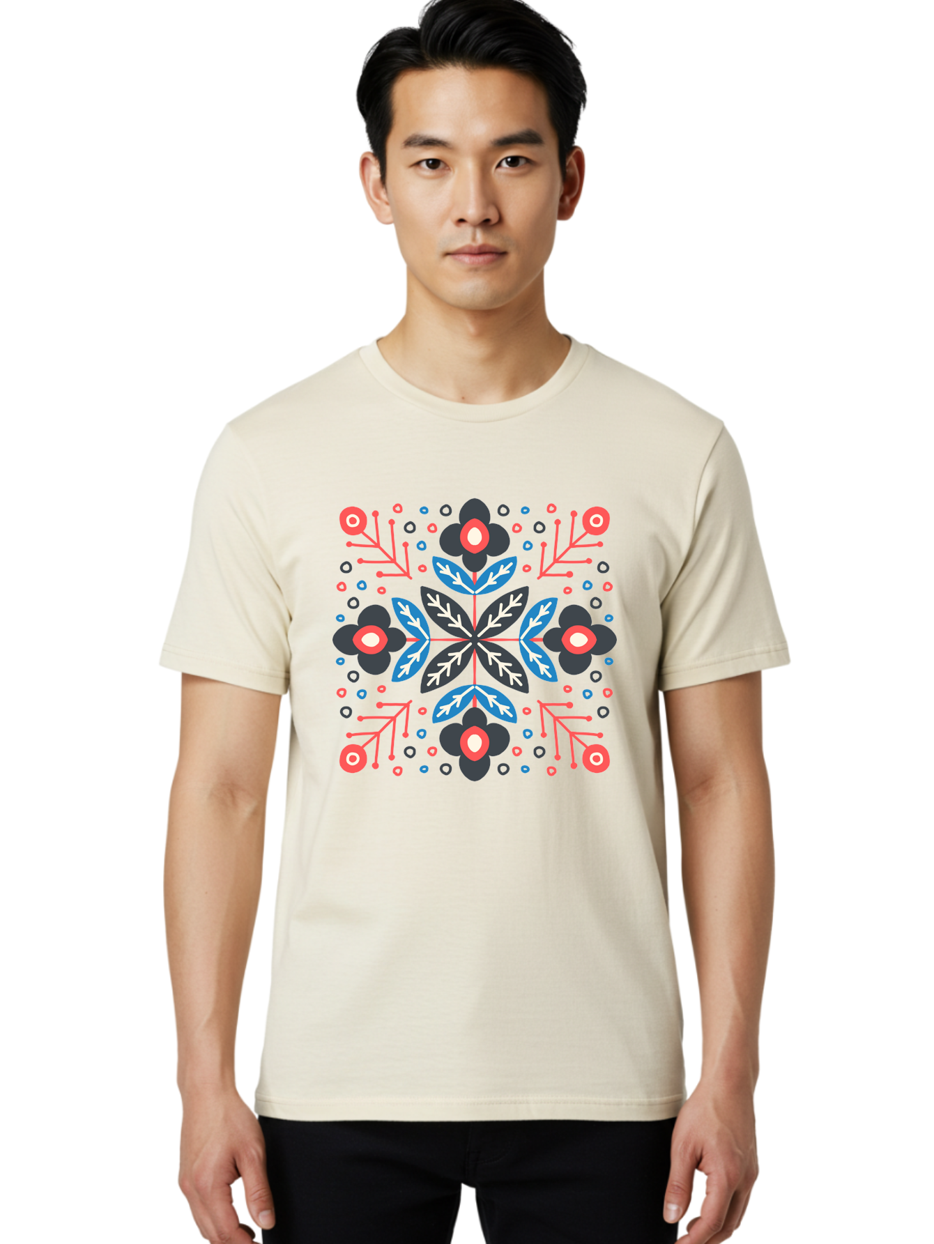 Symmetric-Floral-Pattern Men'S Graphic Tee, 100% Cotton, Comfortable Casual Summer Wear, Machine Washable, Floral Pattern, Geometric Shapes, Red Blue Black White, Abstract Design, Traditional Folk Art, Symmetry, Stylized Flowers, Aab798