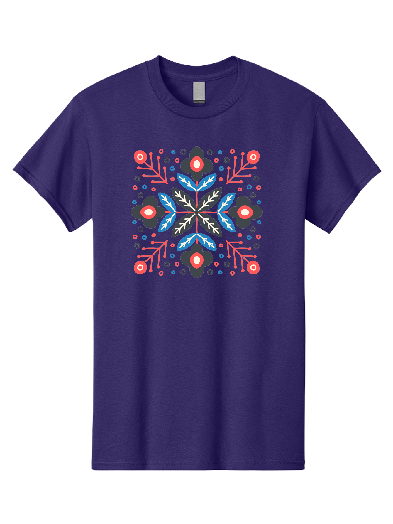 Symmetric-Floral-Pattern Men'S Graphic Tee, 100% Cotton, Comfortable Casual Summer Wear, Machine Washable, Floral Pattern, Geometric Shapes, Red Blue Black White, Abstract Design, Traditional Folk Art, Symmetry, Stylized Flowers, Aab798