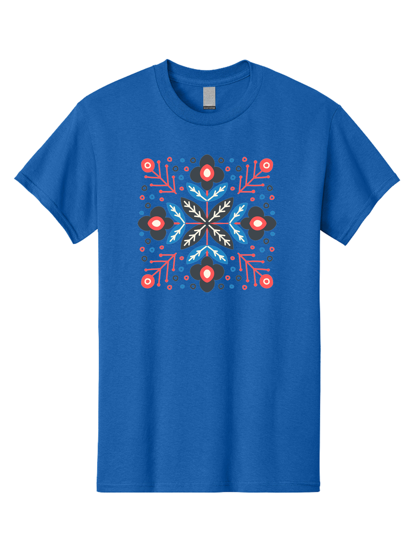 Symmetric-Floral-Pattern Men'S Graphic Tee, 100% Cotton, Comfortable Casual Summer Wear, Machine Washable, Floral Pattern, Geometric Shapes, Red Blue Black White, Abstract Design, Traditional Folk Art, Symmetry, Stylized Flowers, Aab798