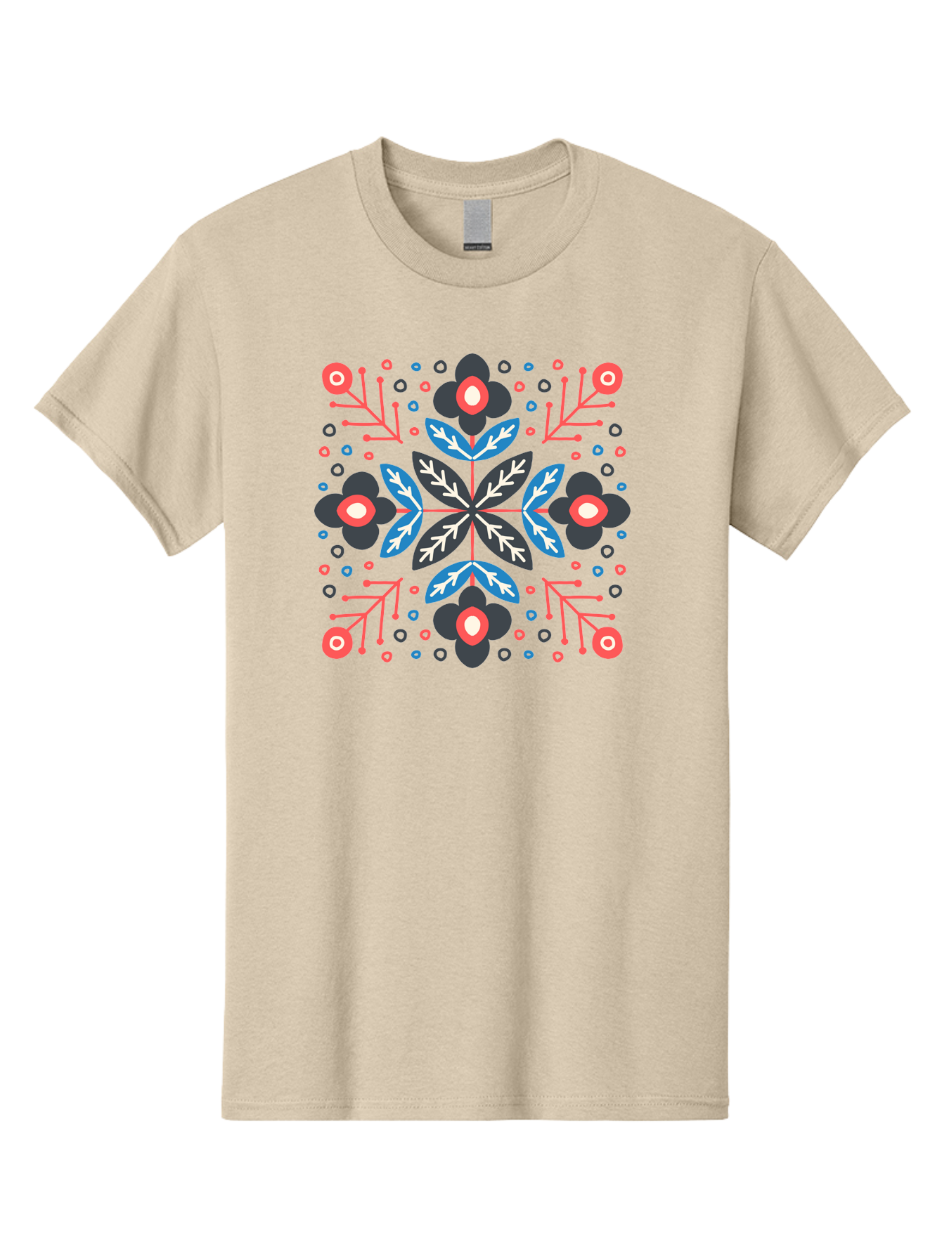 Symmetric-Floral-Pattern Men'S Graphic Tee, 100% Cotton, Comfortable Casual Summer Wear, Machine Washable, Floral Pattern, Geometric Shapes, Red Blue Black White, Abstract Design, Traditional Folk Art, Symmetry, Stylized Flowers, Aab798