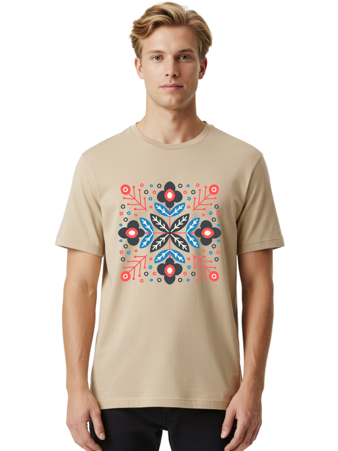 Symmetric-Floral-Pattern Men'S Graphic Tee, 100% Cotton, Comfortable Casual Summer Wear, Machine Washable, Floral Pattern, Geometric Shapes, Red Blue Black White, Abstract Design, Traditional Folk Art, Symmetry, Stylized Flowers, Aab798