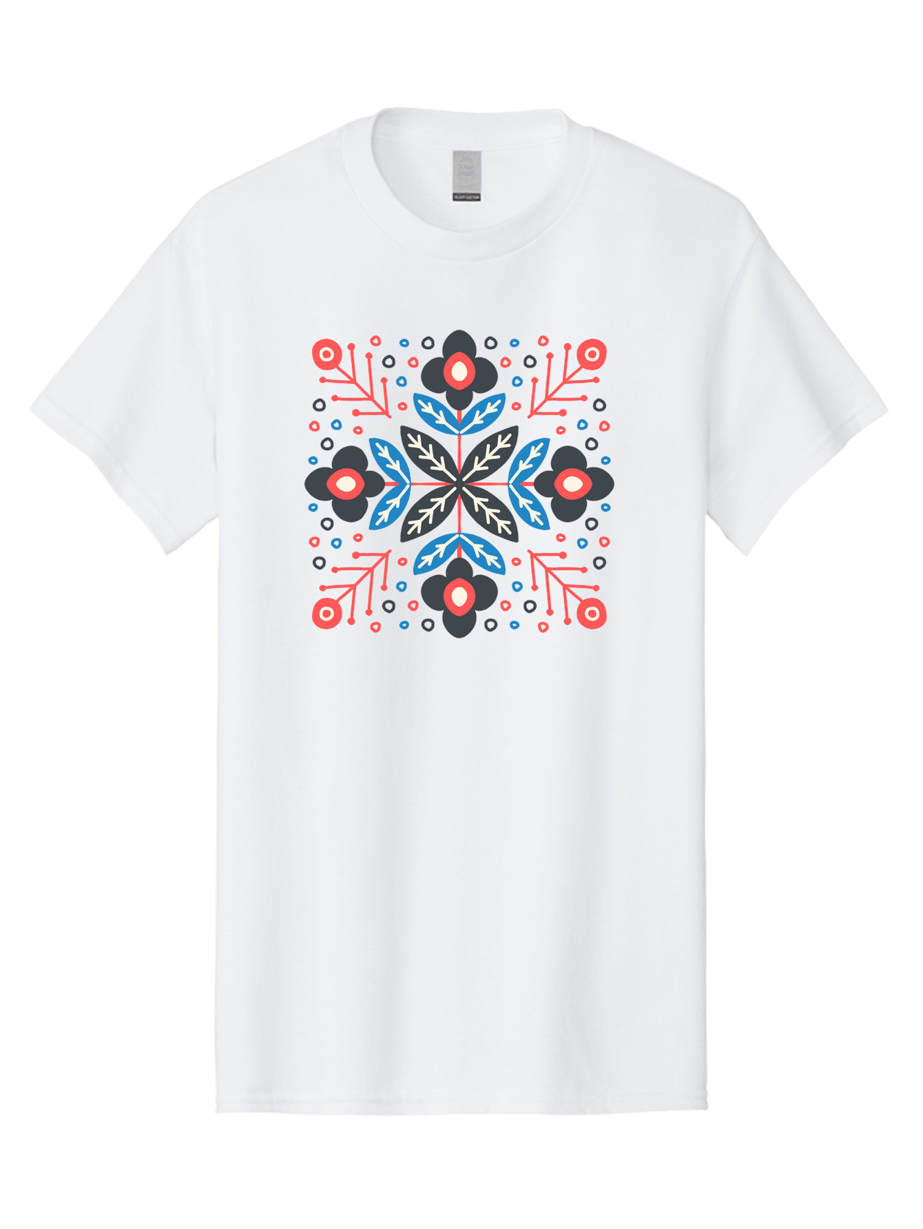 Symmetric-Floral-Pattern Men'S Graphic Tee, 100% Cotton, Comfortable Casual Summer Wear, Machine Washable, Floral Pattern, Geometric Shapes, Red Blue Black White, Abstract Design, Traditional Folk Art, Symmetry, Stylized Flowers, Aab798