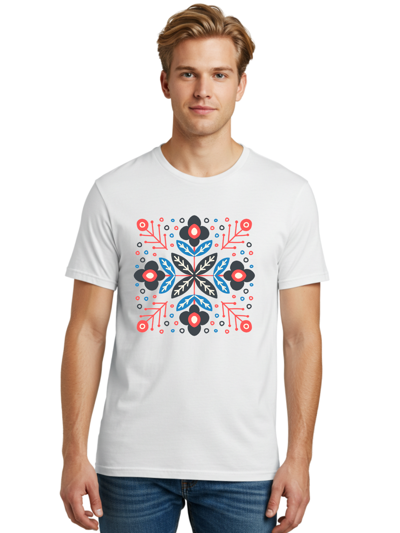 Symmetric-Floral-Pattern Men'S Graphic Tee, 100% Cotton, Comfortable Casual Summer Wear, Machine Washable, Floral Pattern, Geometric Shapes, Red Blue Black White, Abstract Design, Traditional Folk Art, Symmetry, Stylized Flowers, Aab798
